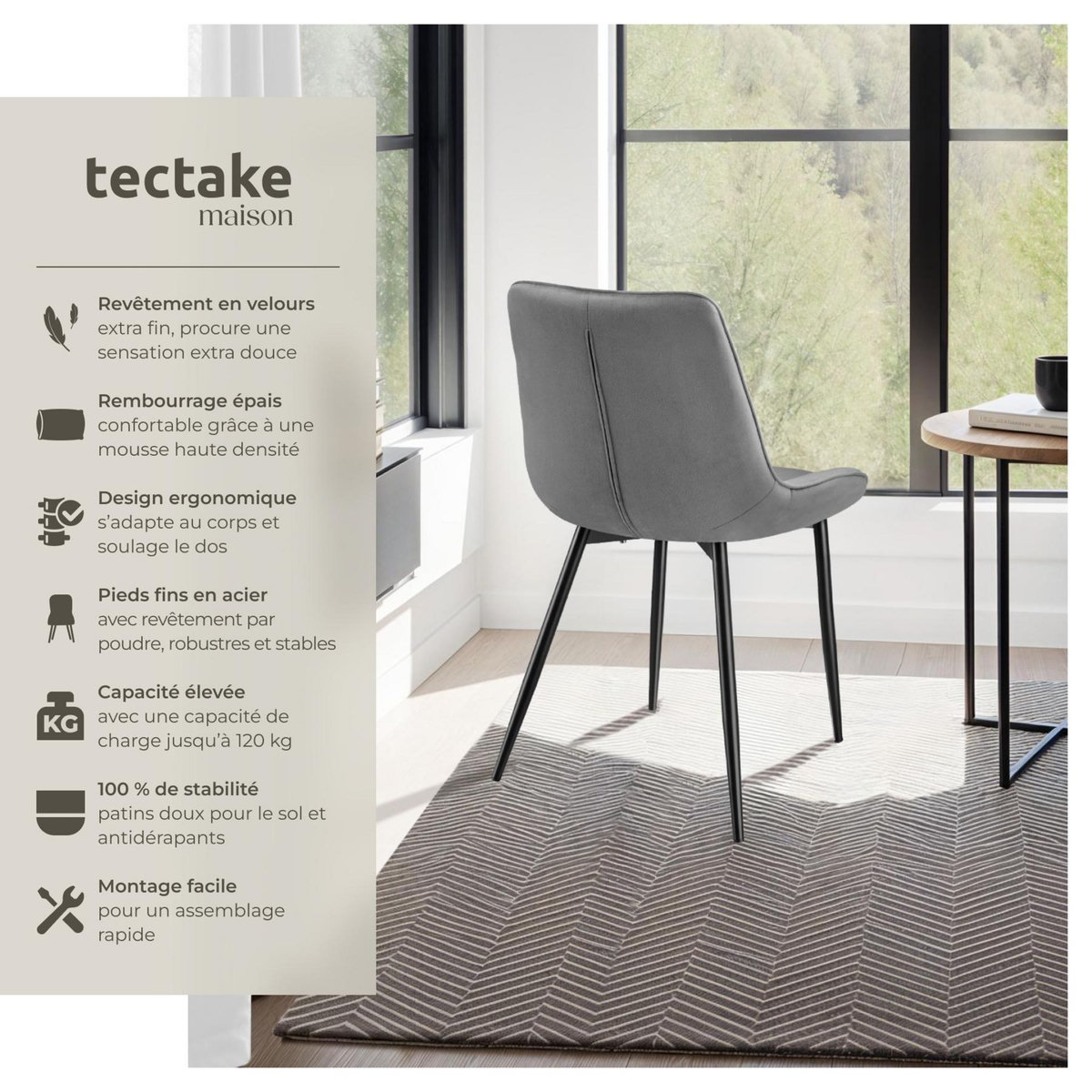 tectake Lot de chaises rembourrées aspect velours gris Lot de 4