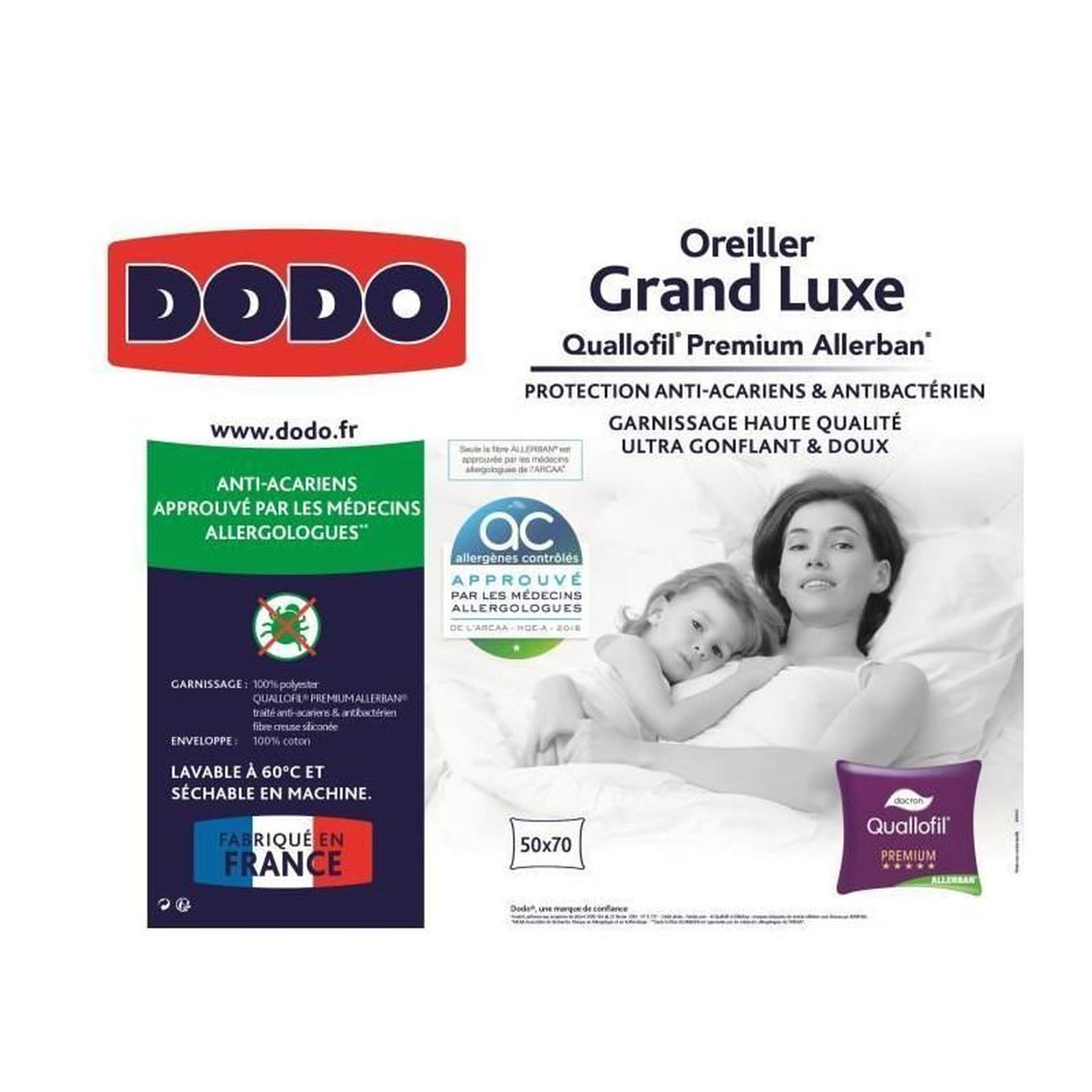 Voir la diapositive 2 : DODO DODO Oreiller Grand luxe Quallofil Allerban 50x70cm
