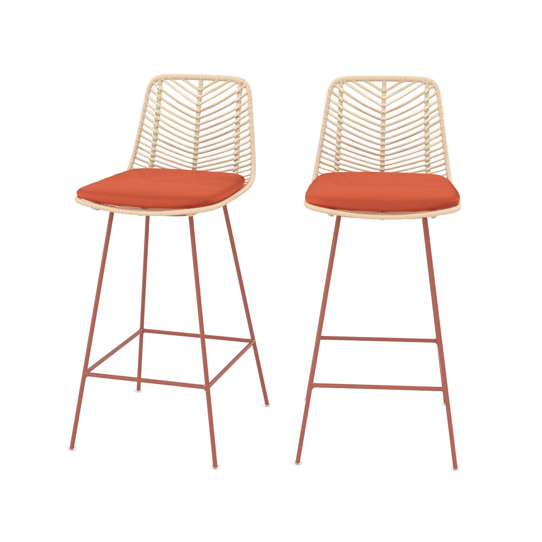 MAISON PAVANE Lot de 2 chaises pour îlot central 66 cm en rotin et tissu orange-tamara