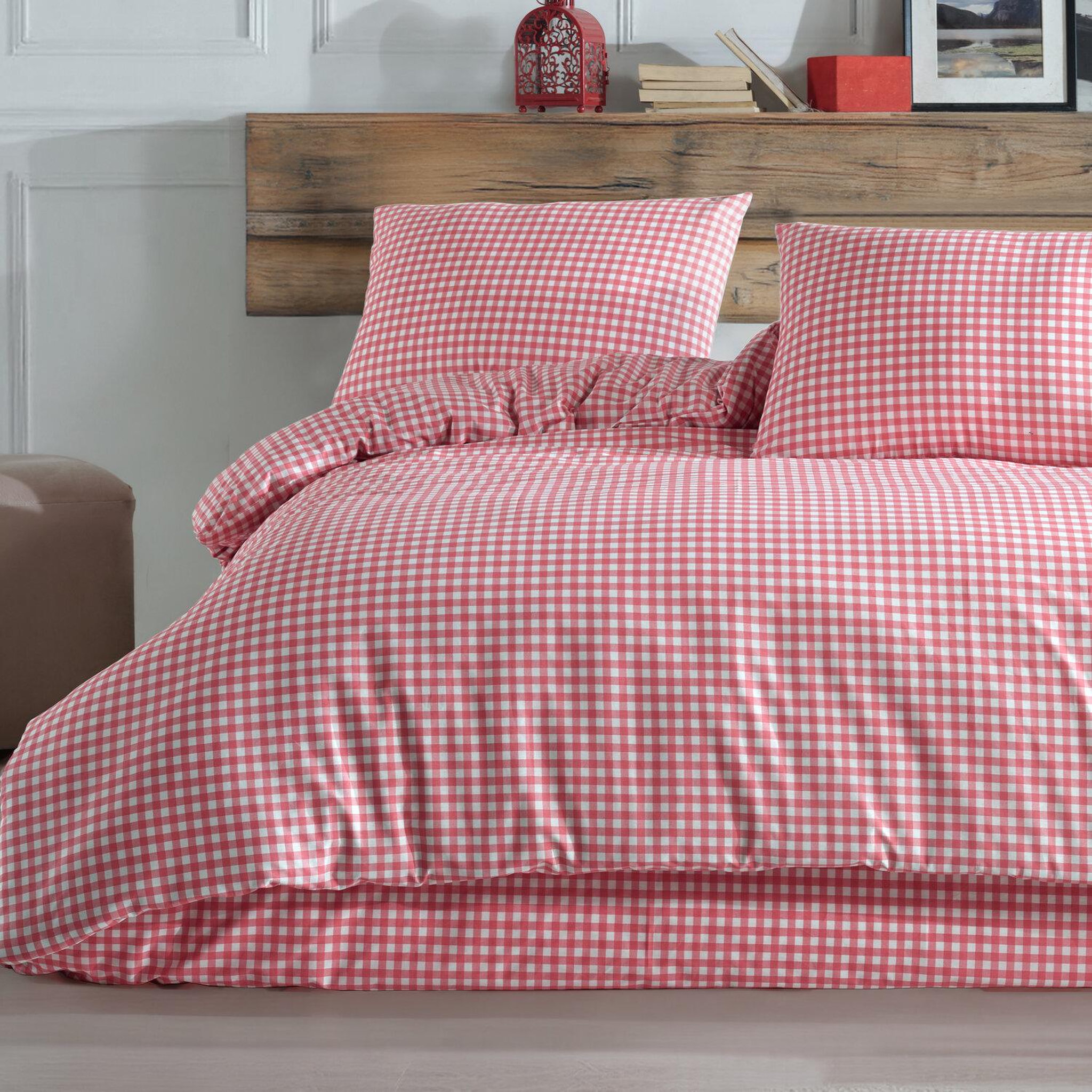 Voir la diapositive 2 : Home collection Parure housse de couette 3 pcs 240x220 cm 100% coton 57 fils imprimé. Vichy rose