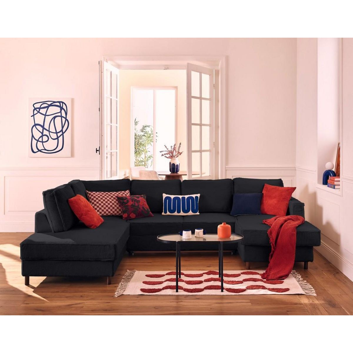 LISA DESIGN Jake - canapé panoramique d'angle gauche 7 places convertible avec coffre en fausse fourrure