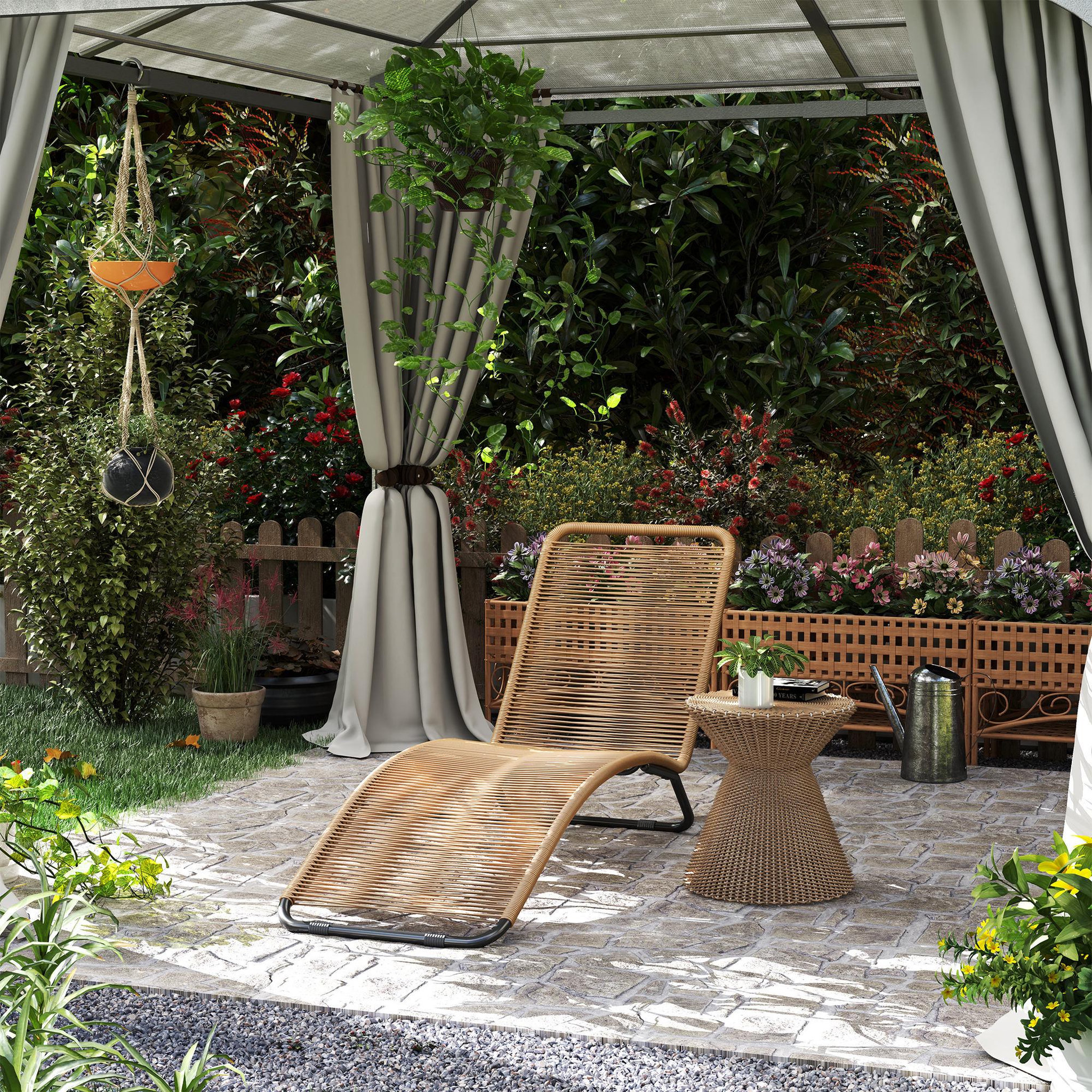 Voir la diapositive 2 : OUTSUNNY Bain de soleil style colonial - 176 x 58 x 82 cm - acier noir résine filaire beige