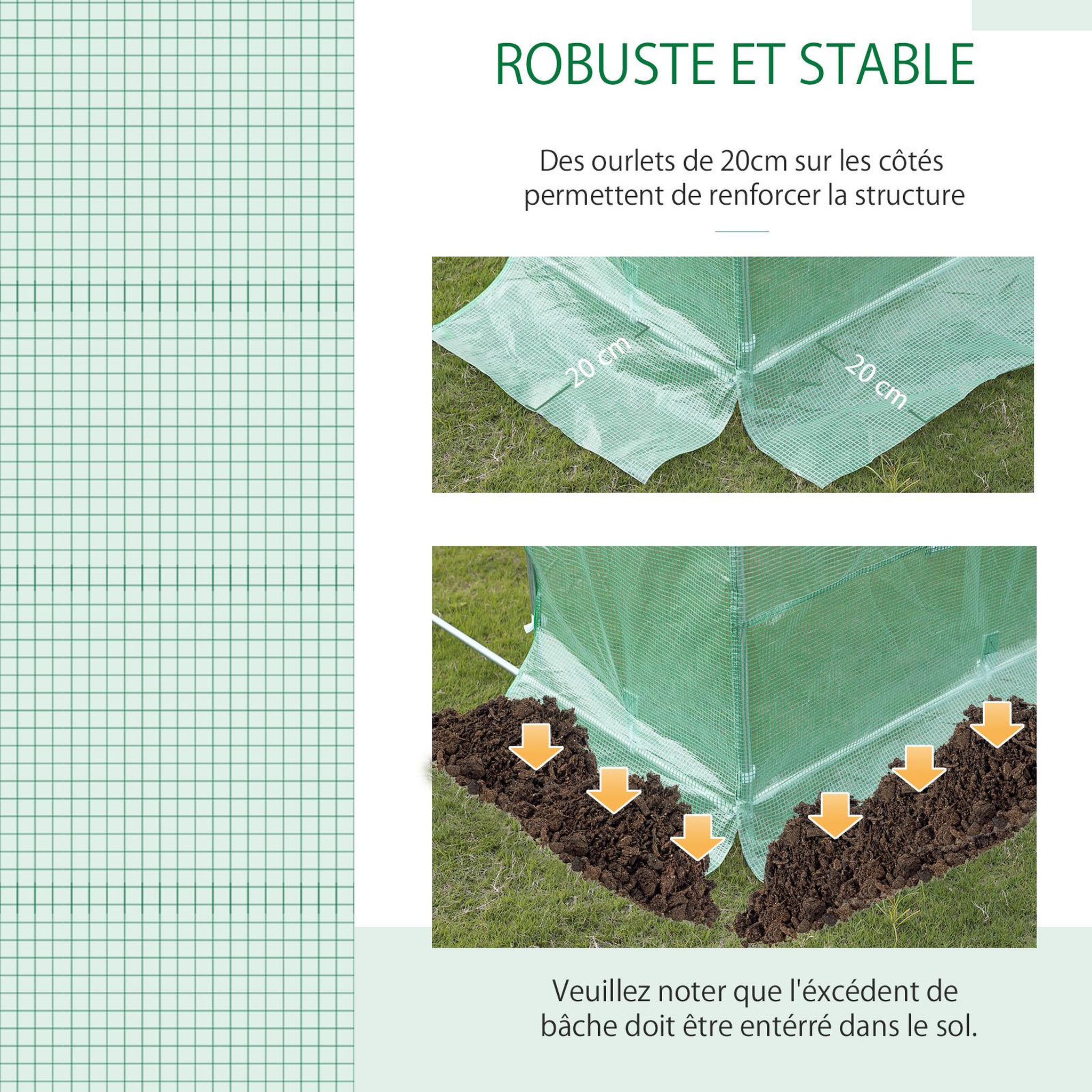 Voir la diapositive 6 : OUTSUNNY Bâche de rechange serre tunnel 9 m², bâche dim. 3L x 3l x 2H m PE anti-UV imperméable 6 fenêtres + porte enroulable zippée vert