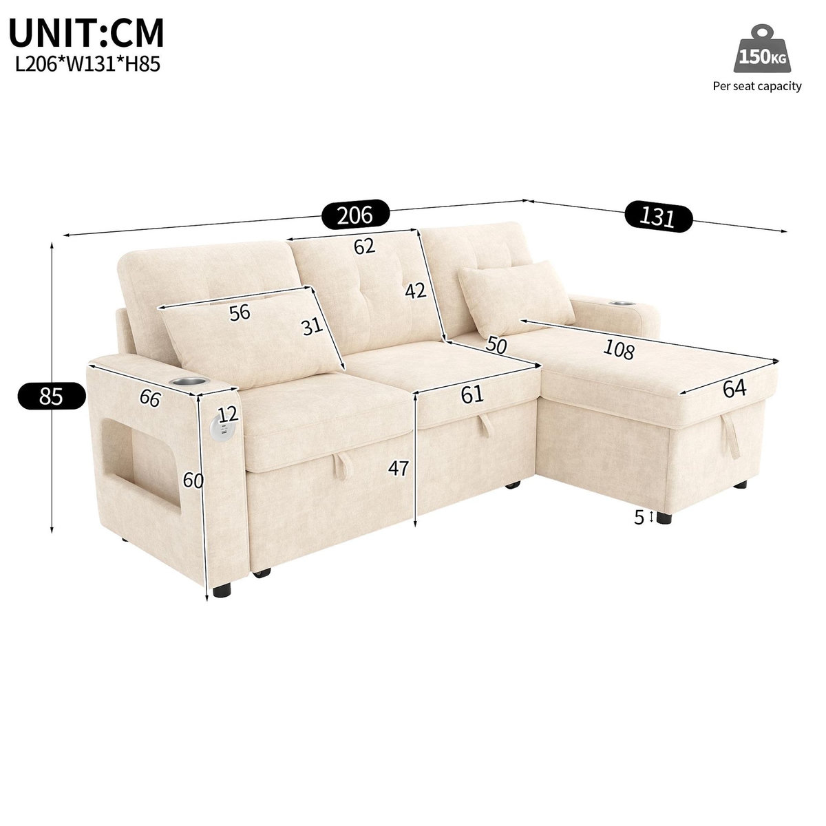 MERAX Canapé d'angle droit convertible 3 places tissu led coffre de rangement