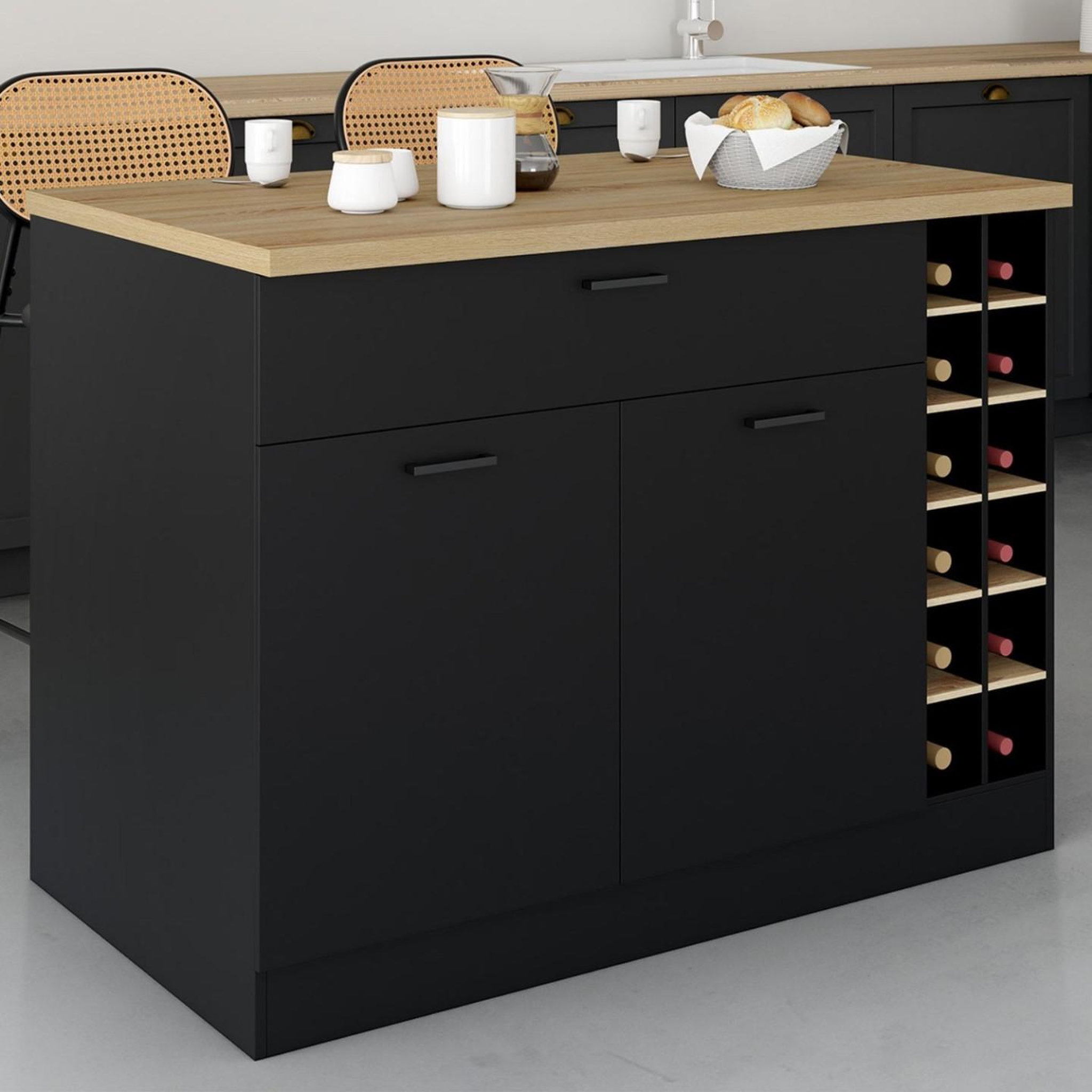 Voir la diapositive 2 : ID MARKET Ilot central george avec range-bouteilles placard et tiroir bois noir avec plan de travail façon hêtre