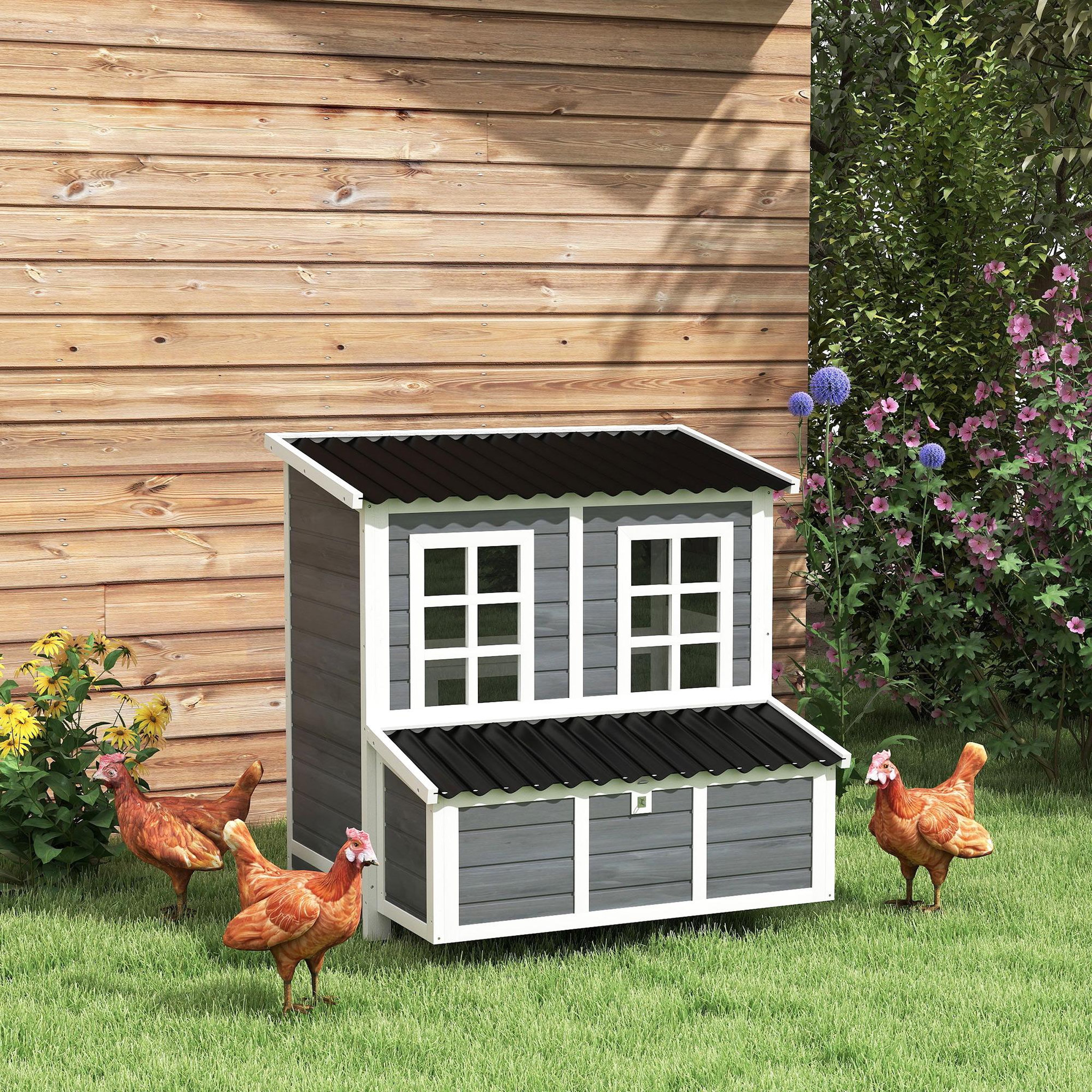 Voir la diapositive 2 : PAWHUT Poulailler cottage en bois 3 pondoirs toit ouvrant porte 2 fenêtres plateau déjection 100x86x100cm gris blanc noir