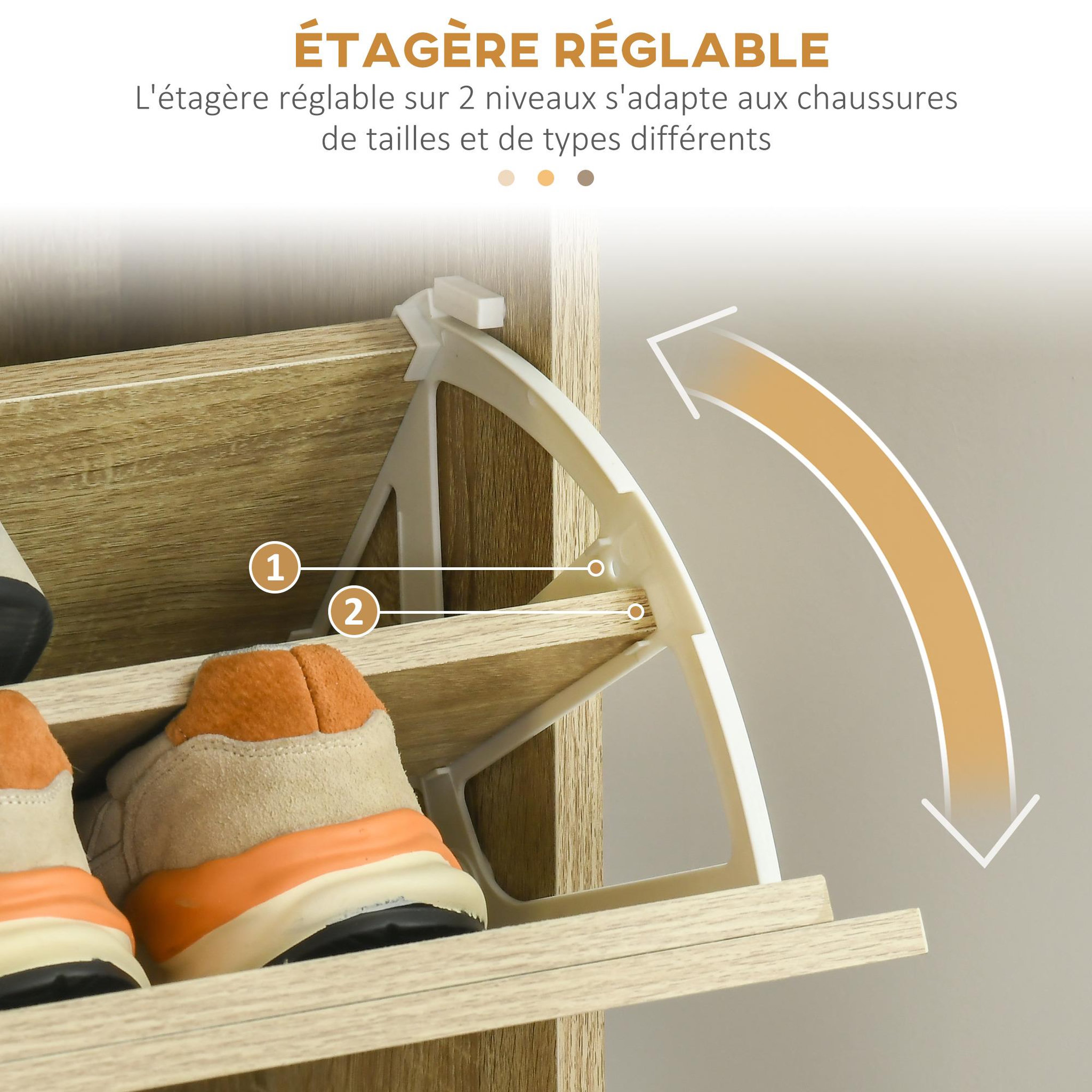 Voir la diapositive 5 : HOMCOM Meuble à chaussures design Urban Craft 3 portes abattantes 3 étagères poignées métal noir aspect chêne clair