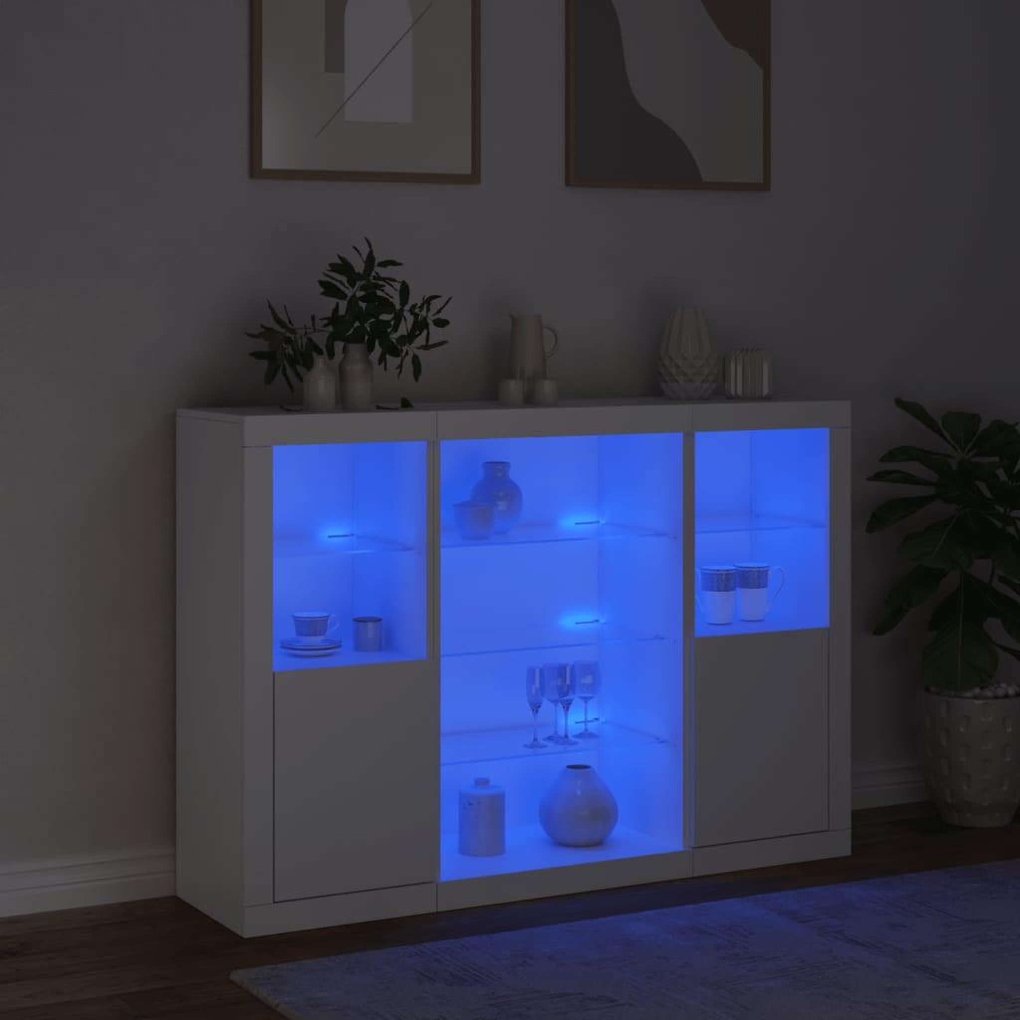 Voir la diapositive 3 : VIDAXL Buffets avec lumieres LED 3 pcs blanc bois d'ingenierie