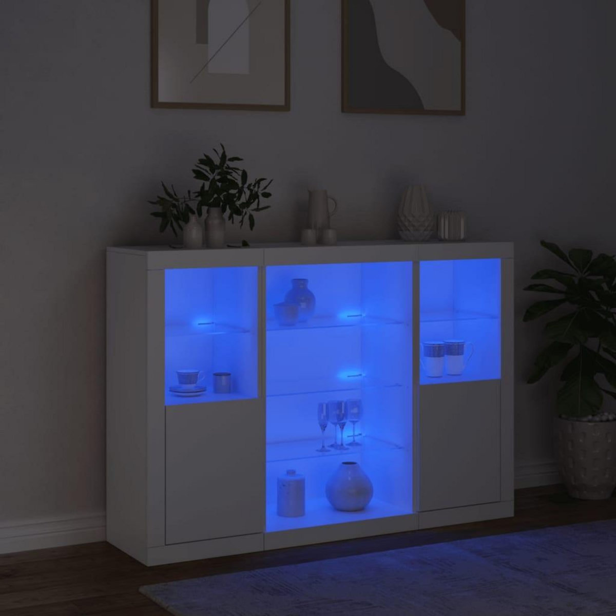 VIDAXL Buffets avec lumieres LED 3 pcs blanc bois d'ingenierie