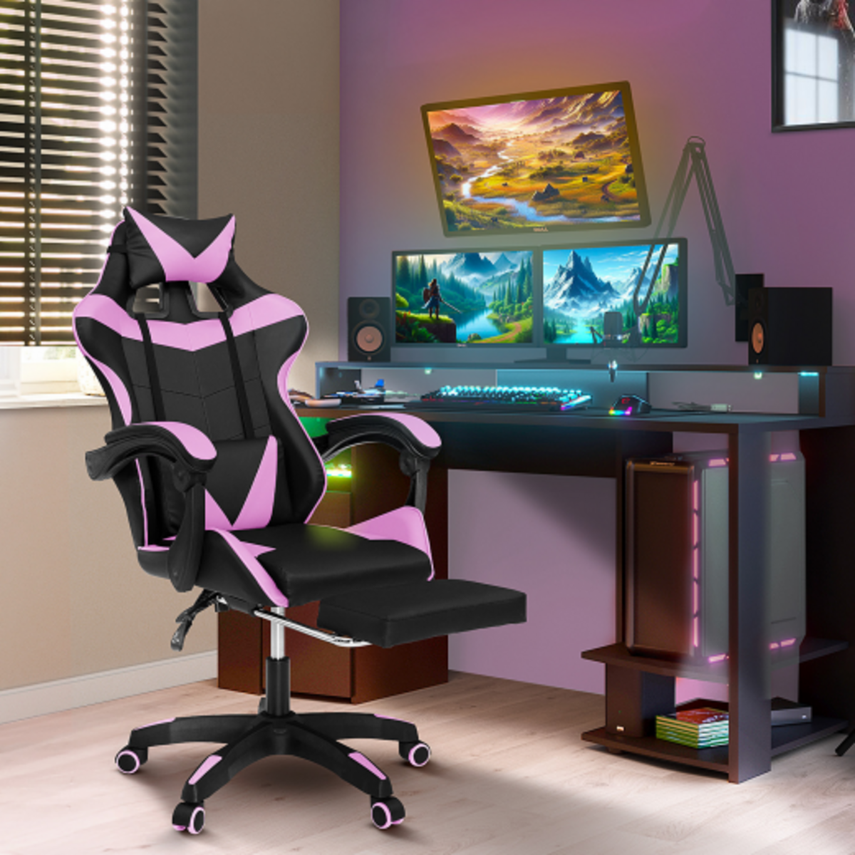 ID MARKET Fauteuil de gaming ALEX réglable avec repose-pied, coussin de tête et coussin lombaire noir et rose