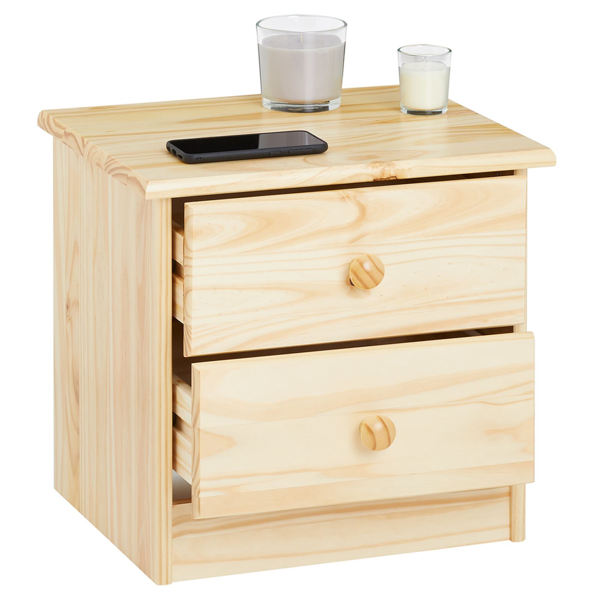Voir la diapositive 4 : IDIMEX Table de chevet RONDO avec 2 tiroirs, table de nuit en pin massif, chevet en bois vernis naturel