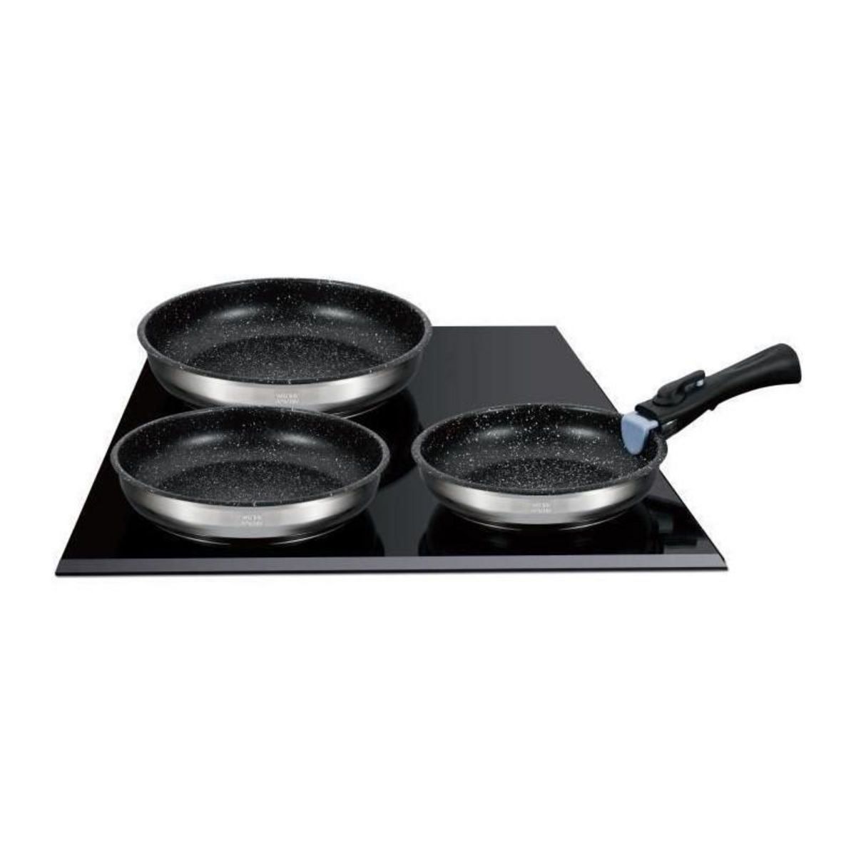 Arthur Martin Set de 3 poeles - Arthur Martin - AM2196 - 20-24-26 cm - Acier inoxydable - Poignée amovible - Tous feux dont induction