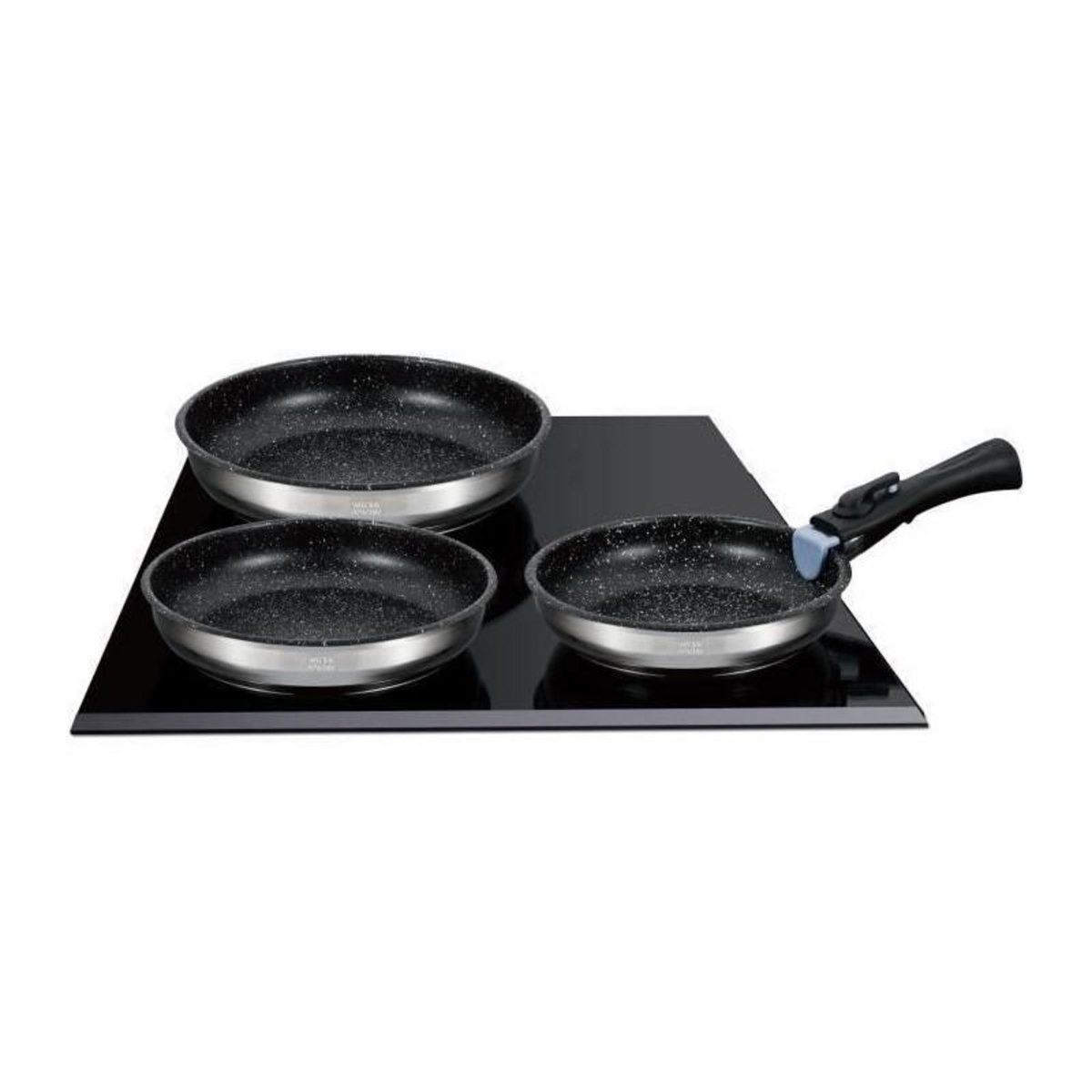 Arthur Martin Set de 3 poeles - Arthur Martin - AM2196 - 20-24-26 cm - Acier inoxydable - Poignée amovible - Tous feux dont induction