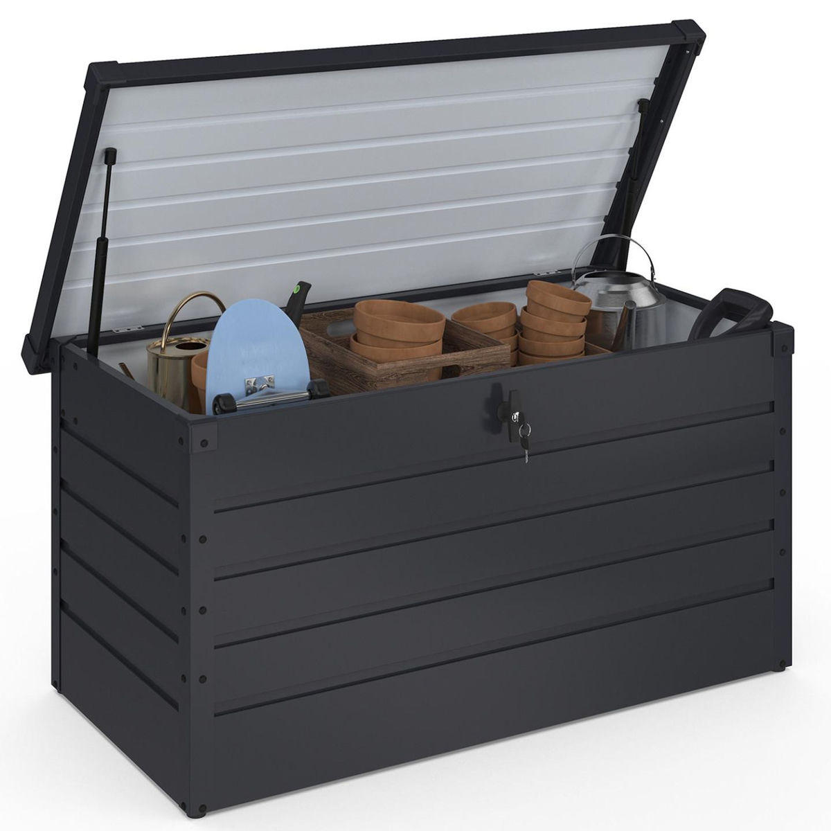 ID MARKET Coffre de rangement métal verrouillable gris anthracite pour jardin 350L 120x62,5x63 cm