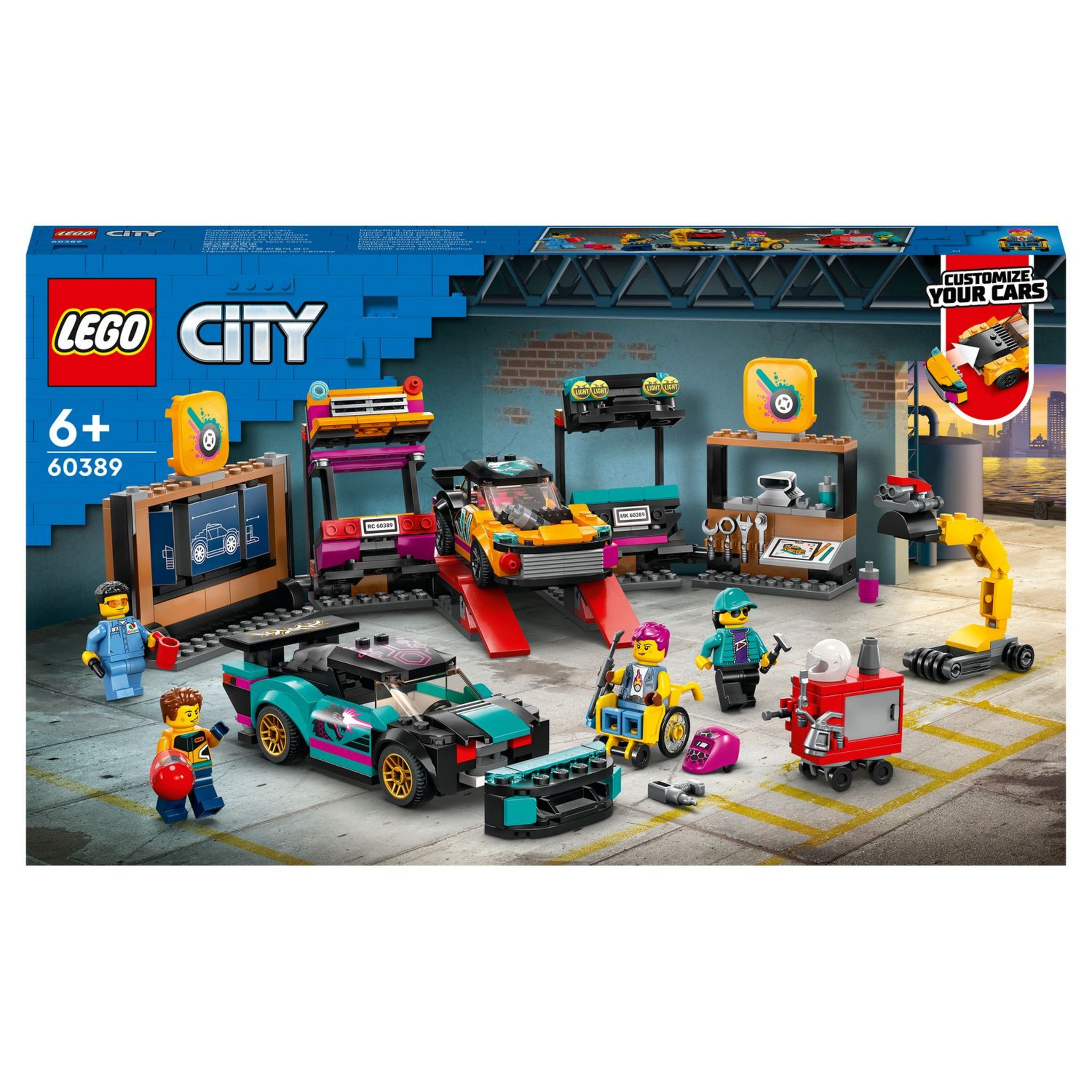 LEGO City 60389 Le garage de customisation, Jouet avec 2 Voitures, Atelier Automobile et 4 Minifigurines