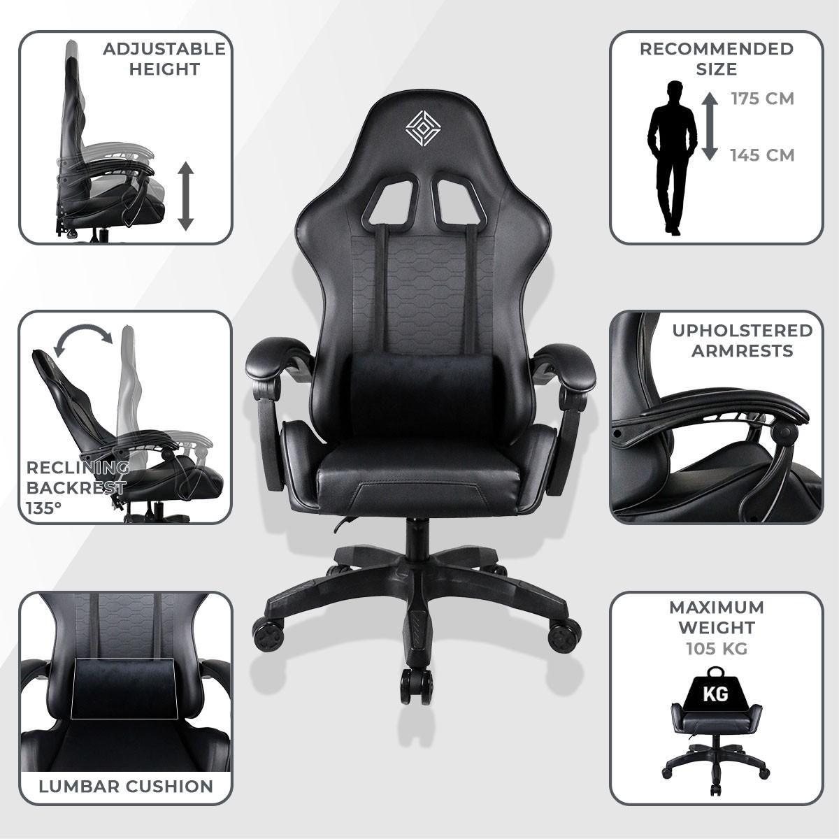 Subsonic Chaise gaming ou de bureau GEM, dossier ergonomique inclinable, coussin lombaire, hauteur réglable