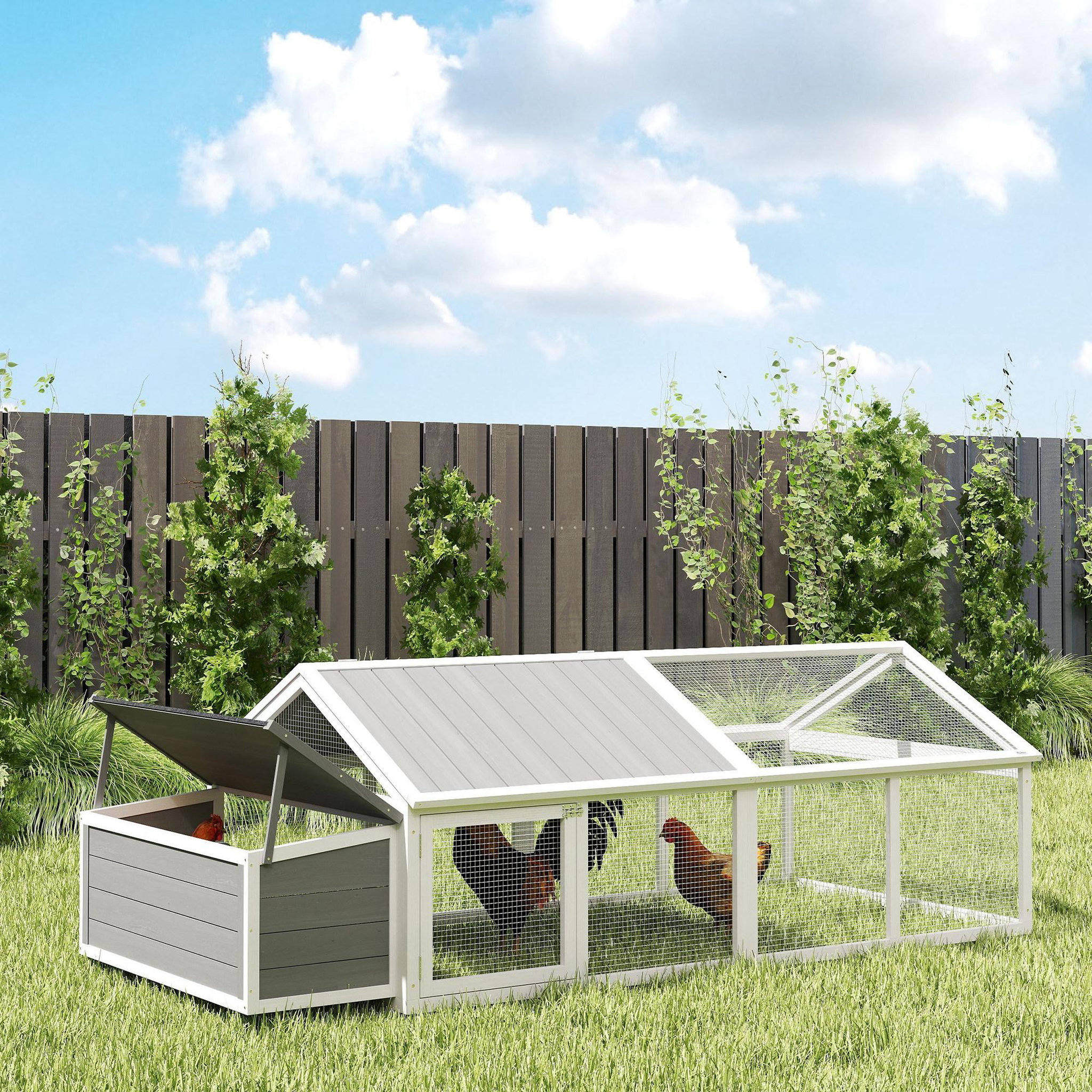 Voir la diapositive 2 : PAWHUT Poulailler espace couvert pondoir 2 zones - porte, toit ouvrant - 2,4 x 1,12 x 0,76 m - bois gris blanc