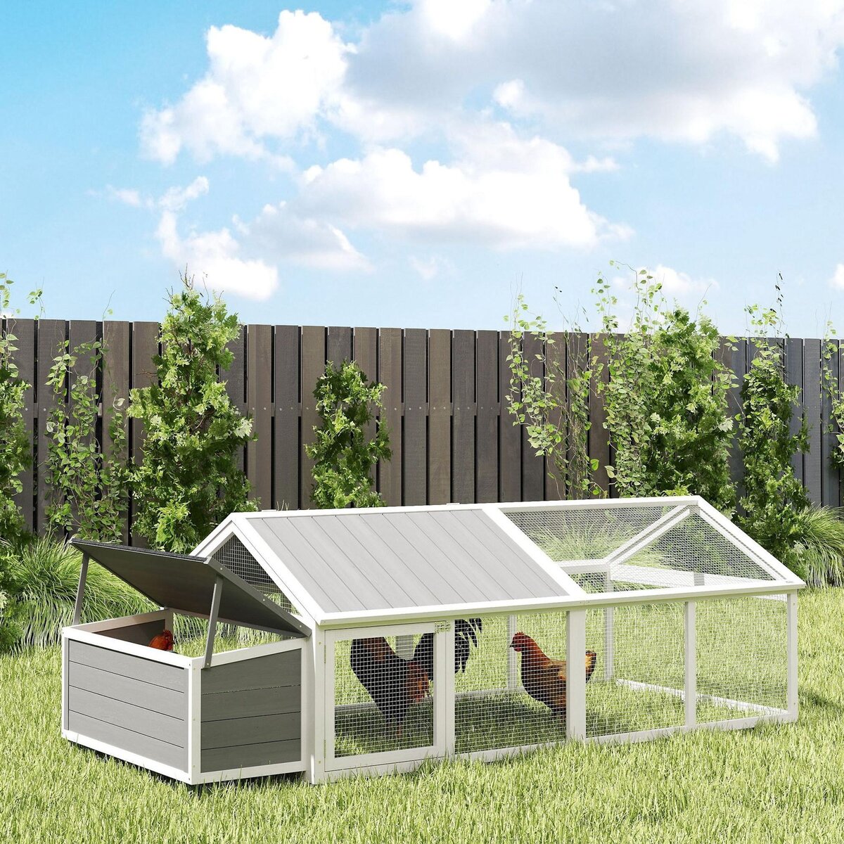 PAWHUT Poulailler espace couvert pondoir 2 zones - porte, toit ouvrant - 2,4 x 1,12 x 0,76 m - bois gris blanc