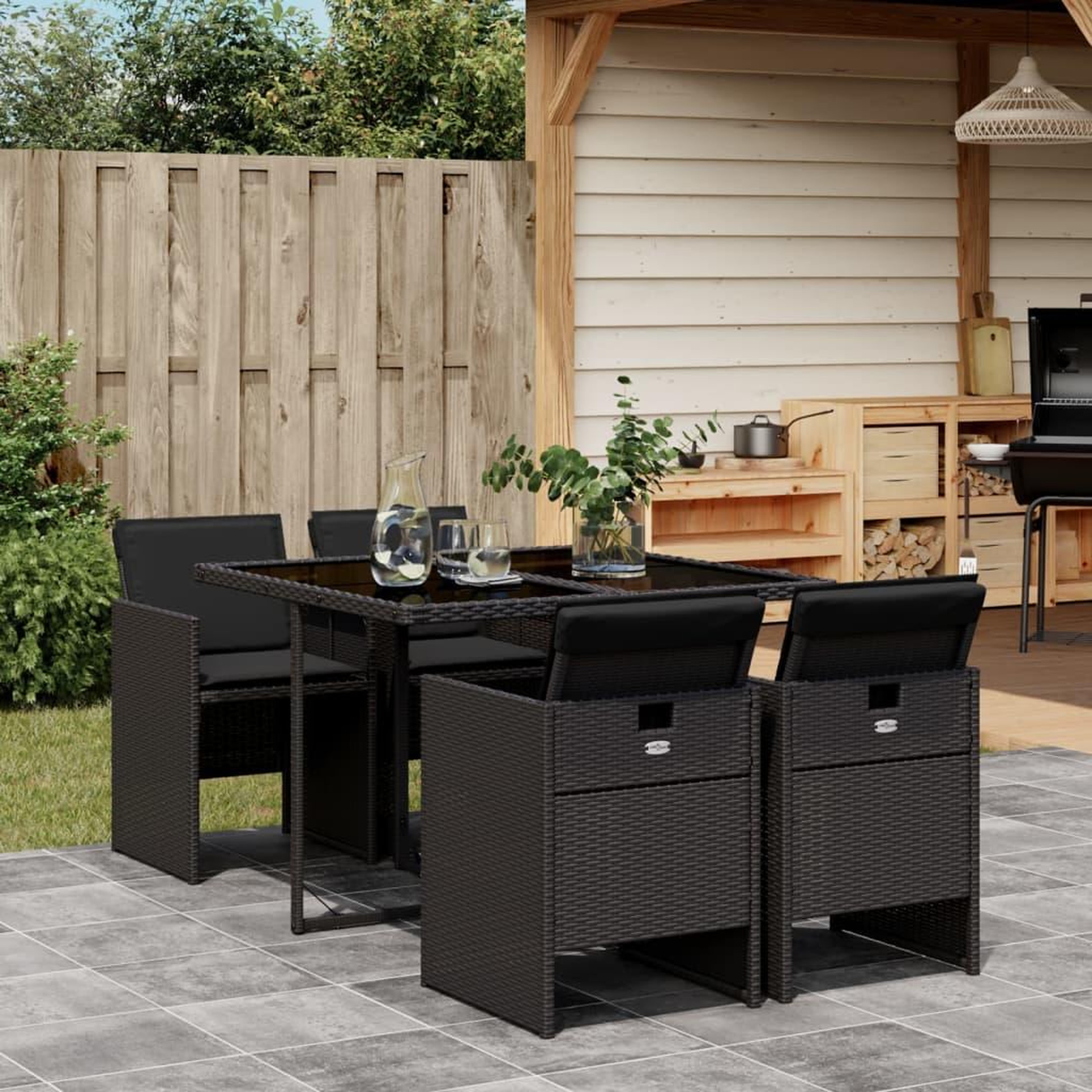 VIDAXL Ensemble a manger de jardin coussins 5pcs Noir Resine tressee