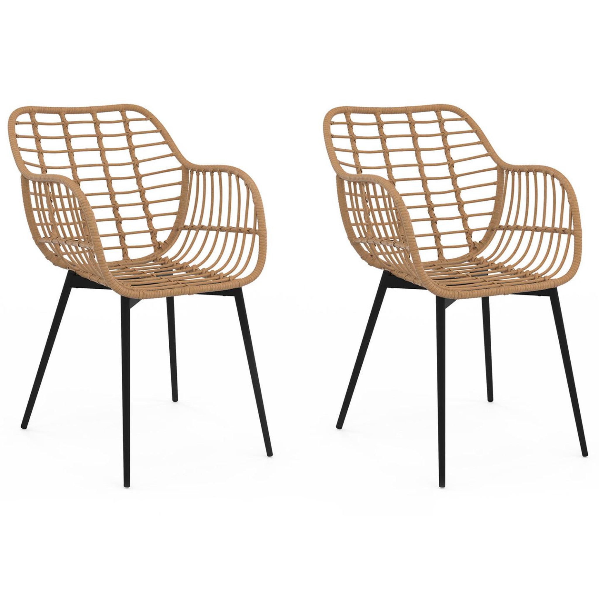 ID MARKET Lot de 2 chaises de salle à manger, fauteuils de table summer effet rotin pied métal noir