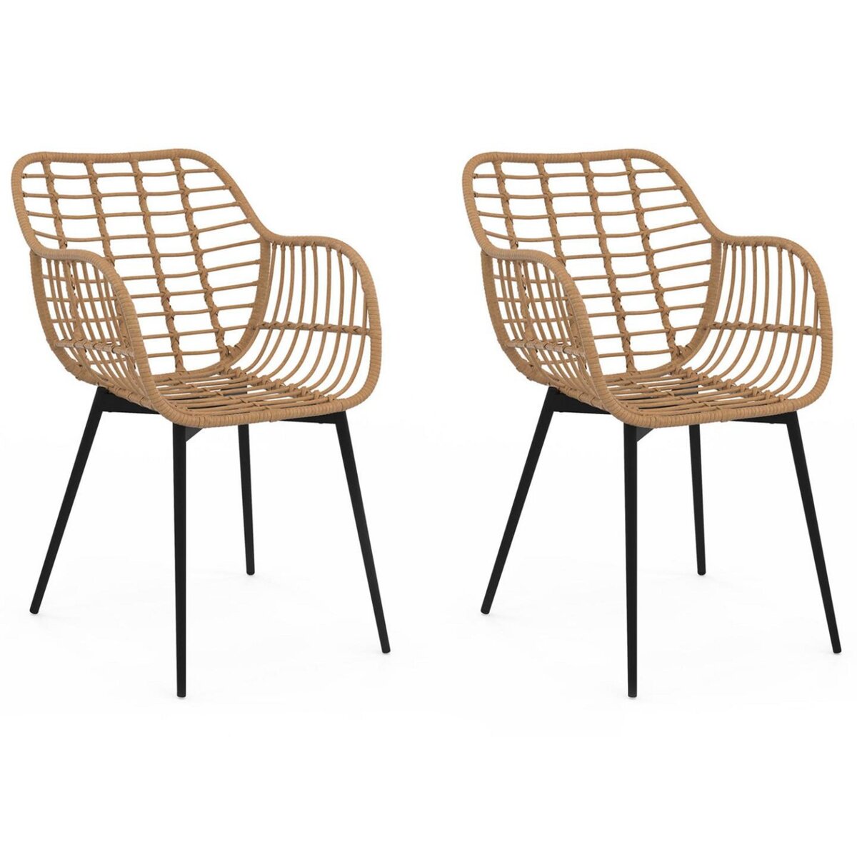 ID MARKET Lot de 2 chaises de salle à manger, fauteuils de table SUMMER effet rotin pied métal noir
