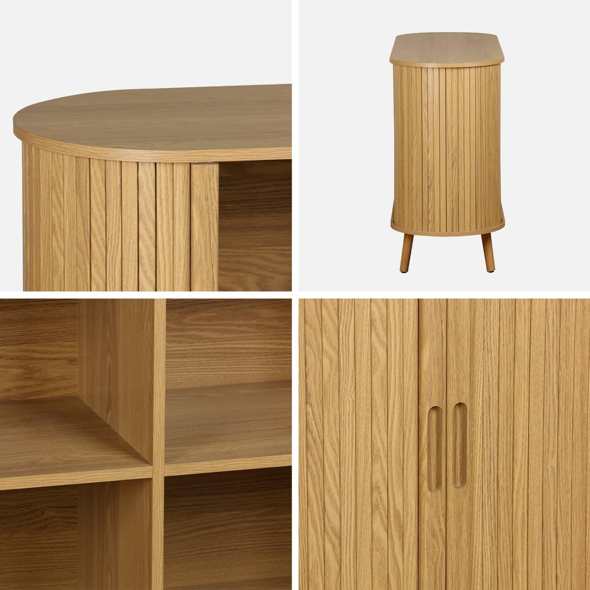 SWEEEK Buffet scandinave 2 portes coulissantes. 4 compartiments. effet bois rainuré. couleur naturelle. buffet bas. L 120 x P 40 x H 75cm