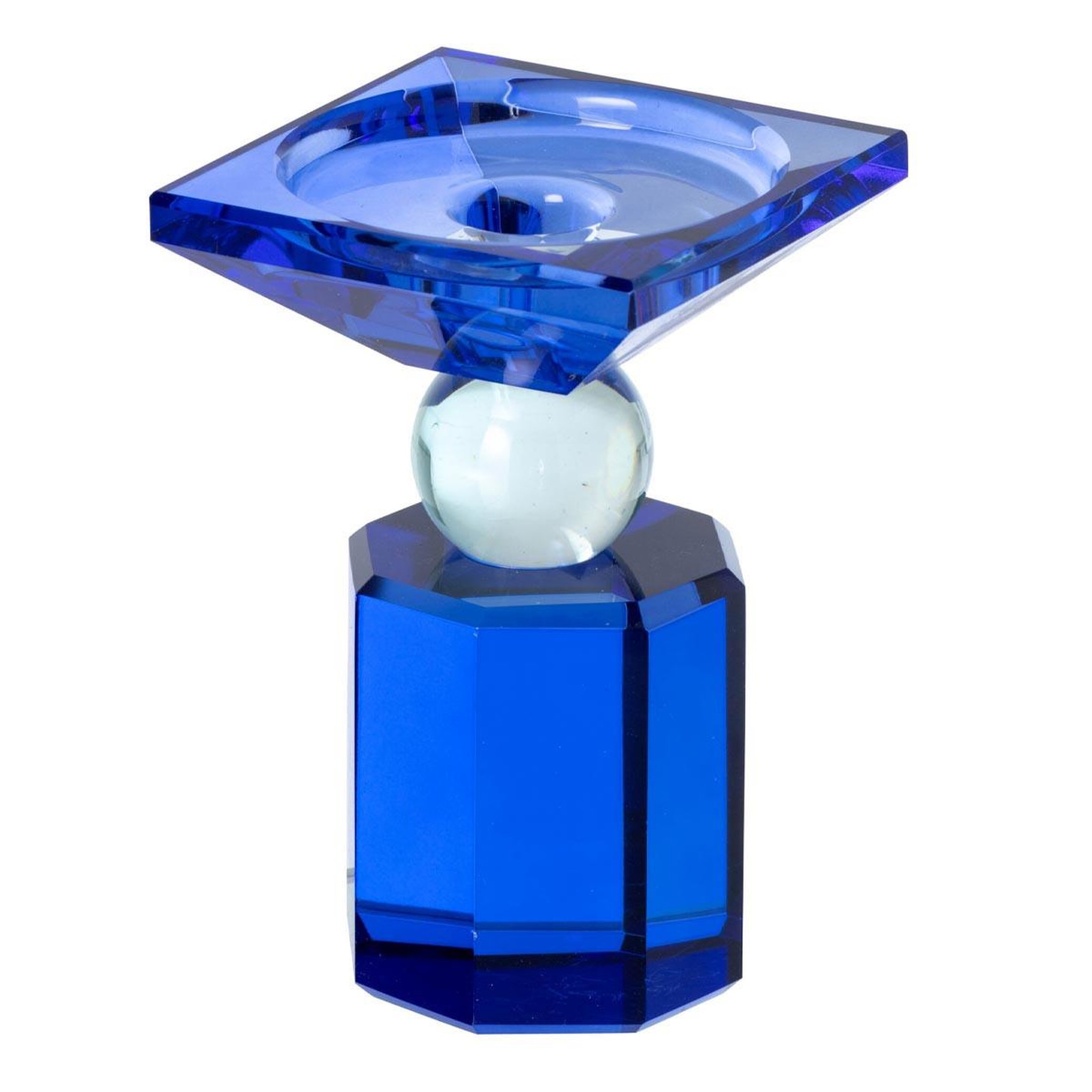 J-LINE Bougeoir design en verre  taillé  13cm bleu