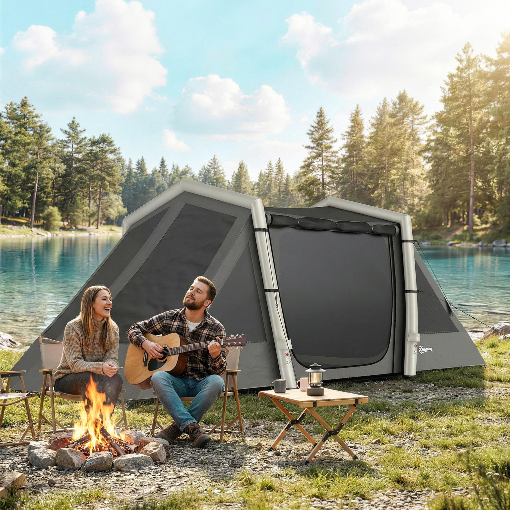 Voir la diapositive 2 : OUTSUNNY Tente gonflable camping 4 personnes 3 pièces auvent imperméabilité 3000mm gris