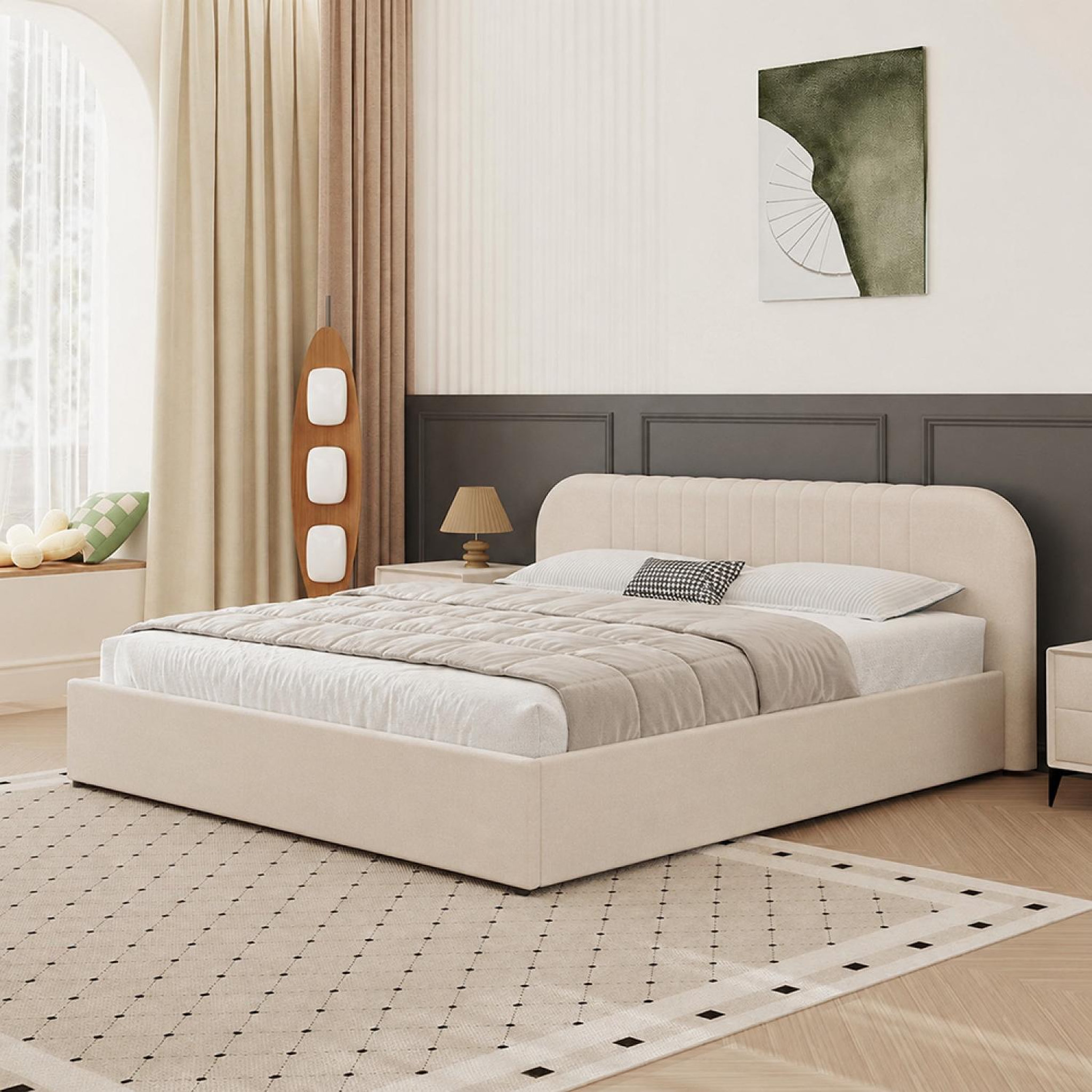 Voir la diapositive 2 : CONCEPT USINE Lit avec coffre de rangement 160x200cm en velours beige irvine