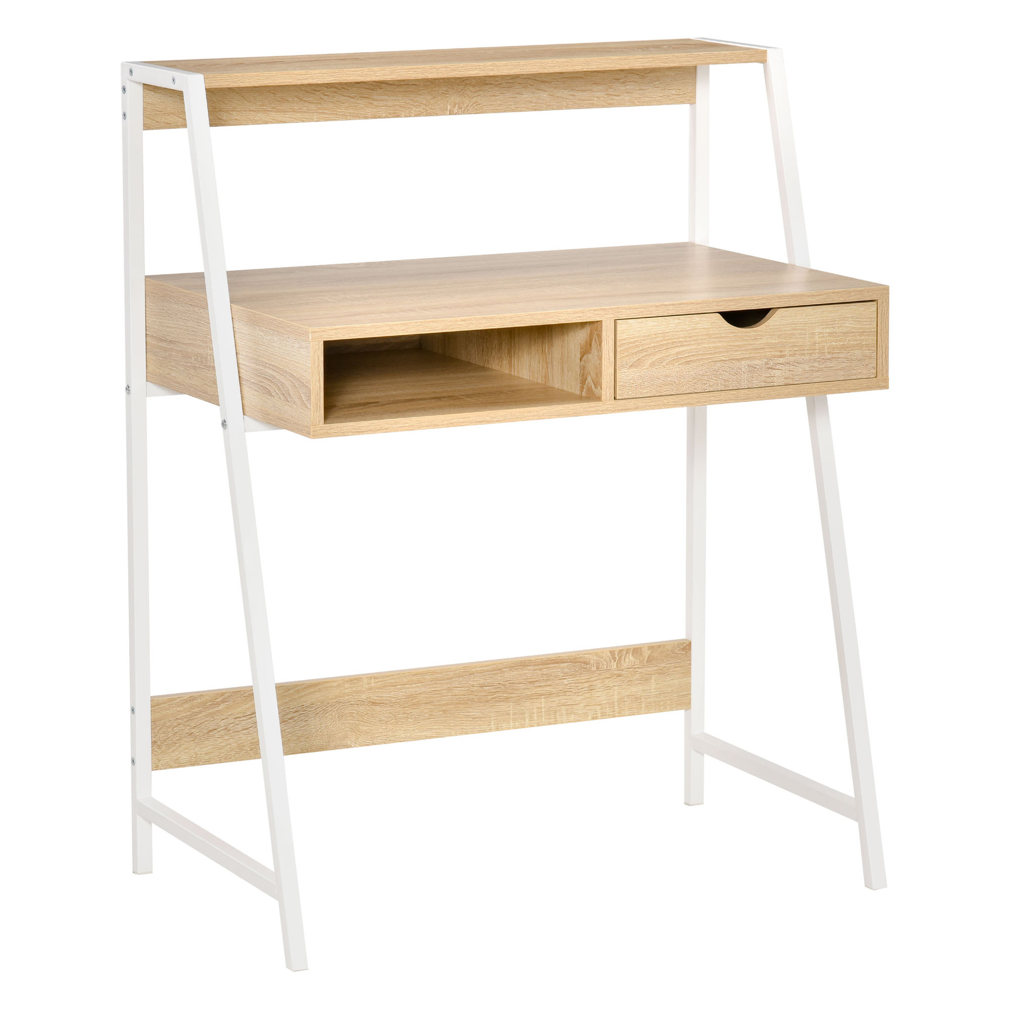 Voir la diapositive 1 : HOMCOM Bureau secrétaire bureau informatique style néo-rétro tiroir niche étagère métal blanc aspect chêne clair