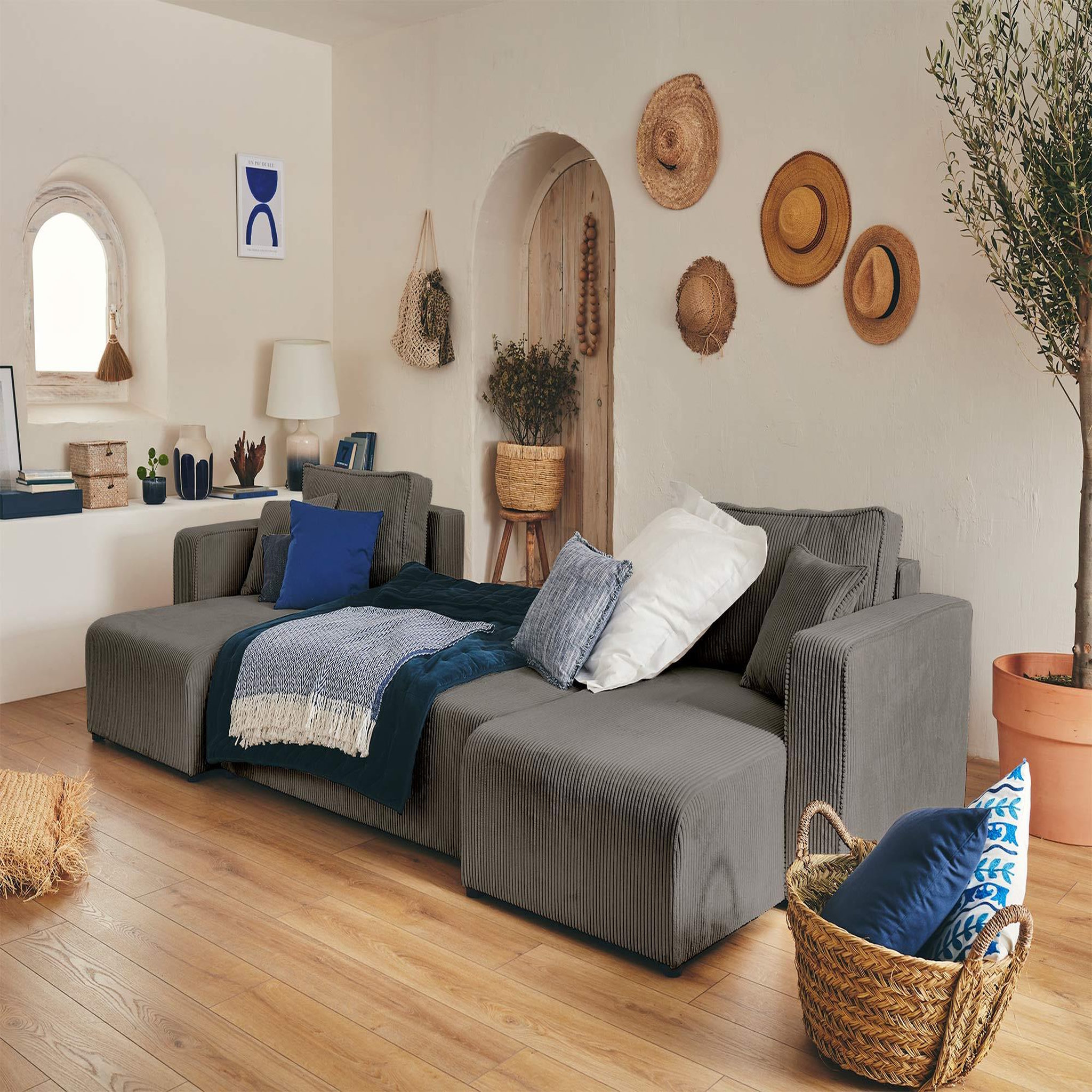 Voir la diapositive 2 : BEST MOBILIER Topaze - canapé panoramique en u - 7 places - convertible avec coffre - en velours côtelé