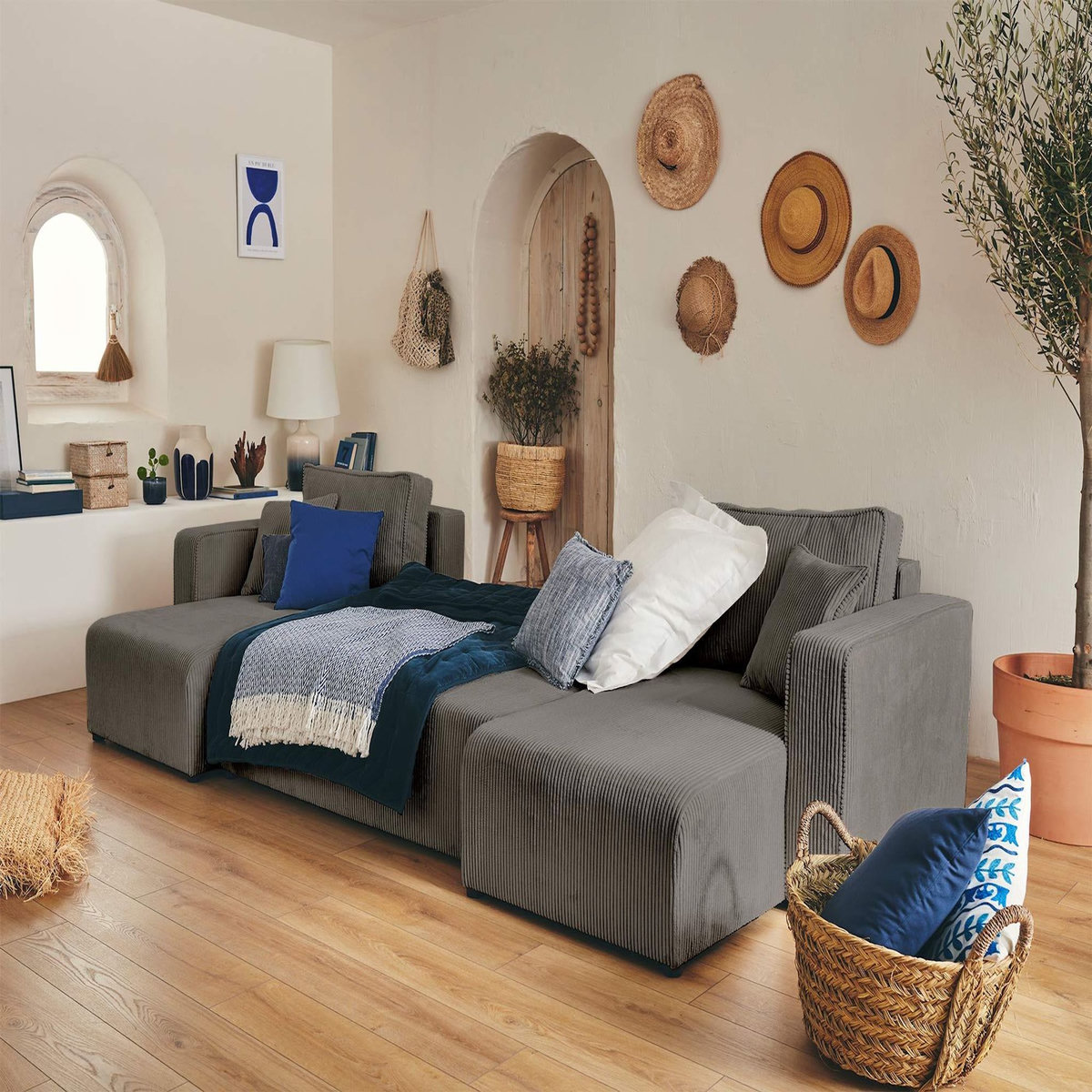 BEST MOBILIER Topaze - canapé panoramique en u - 7 places - convertible avec coffre - en velours côtelé