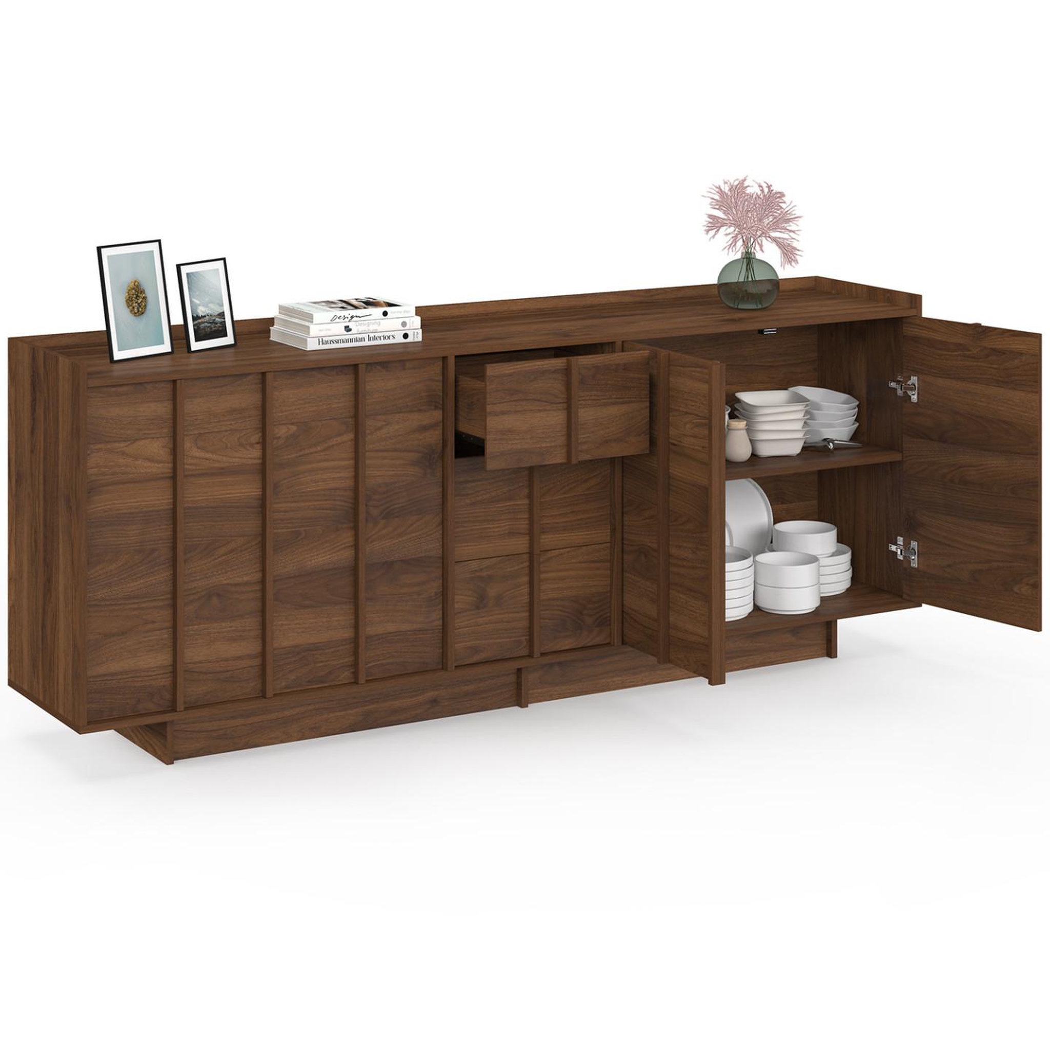 Voir la diapositive 4 : ID MARKET Buffet 200 cm rosie 4 portes et 3 tiroirs façon noyer design minimaliste