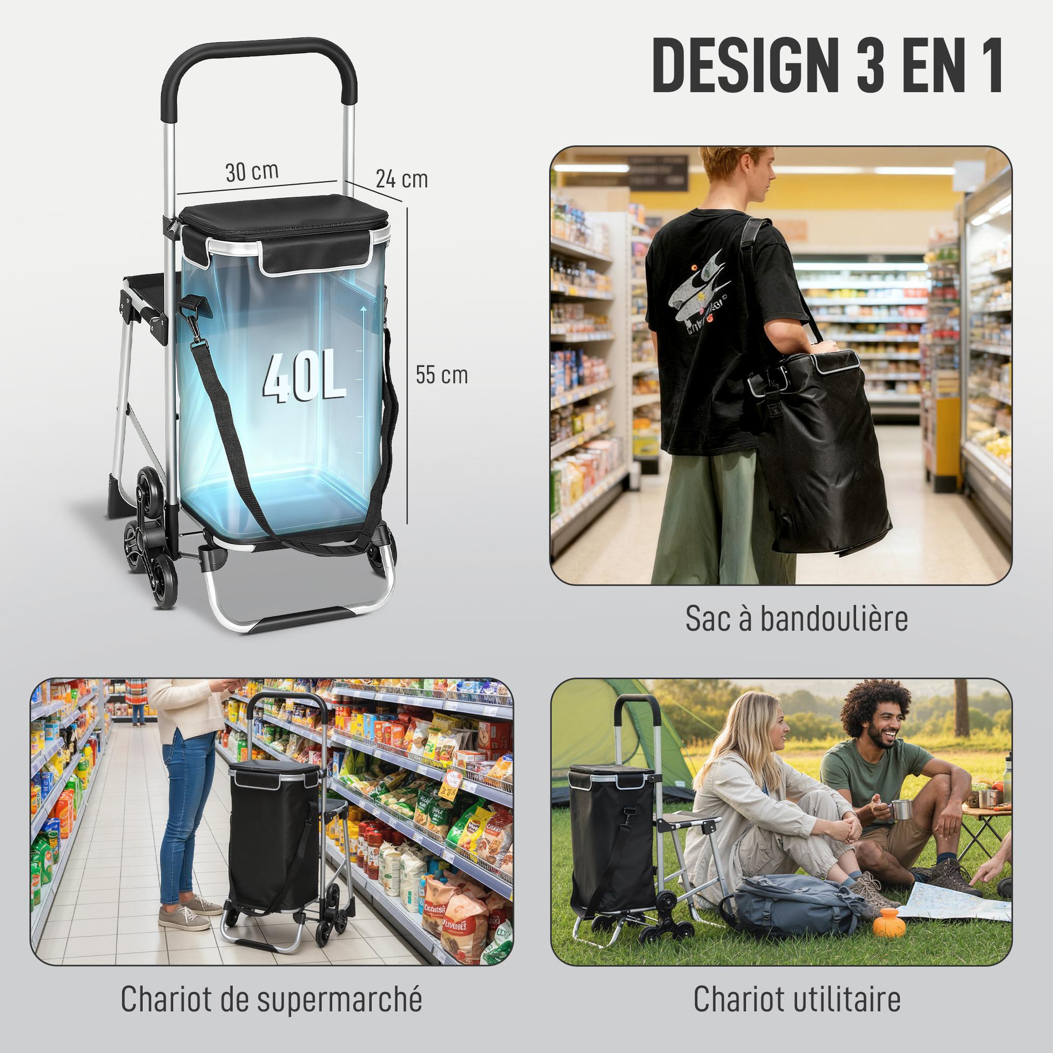 Voir la diapositive 5 : HOMCOM Chariot de courses pliable 3 en 1 tabouret sac à bandoulière 40L poignée telescopique compartiment isotherme alu noir