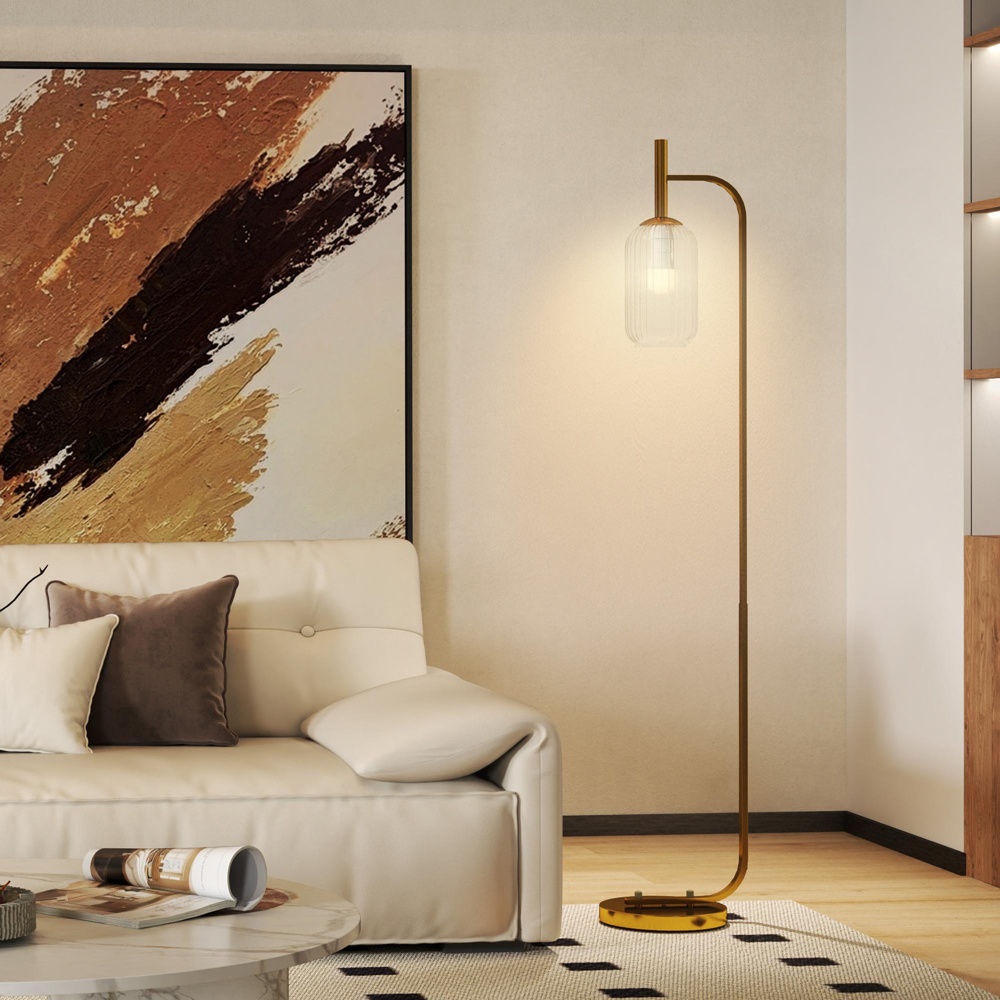Voir la diapositive 2 : HOMCOM Lampadaire sur pied style rétro h.153 cm piètement mât métal doré abat-jour verre texturé