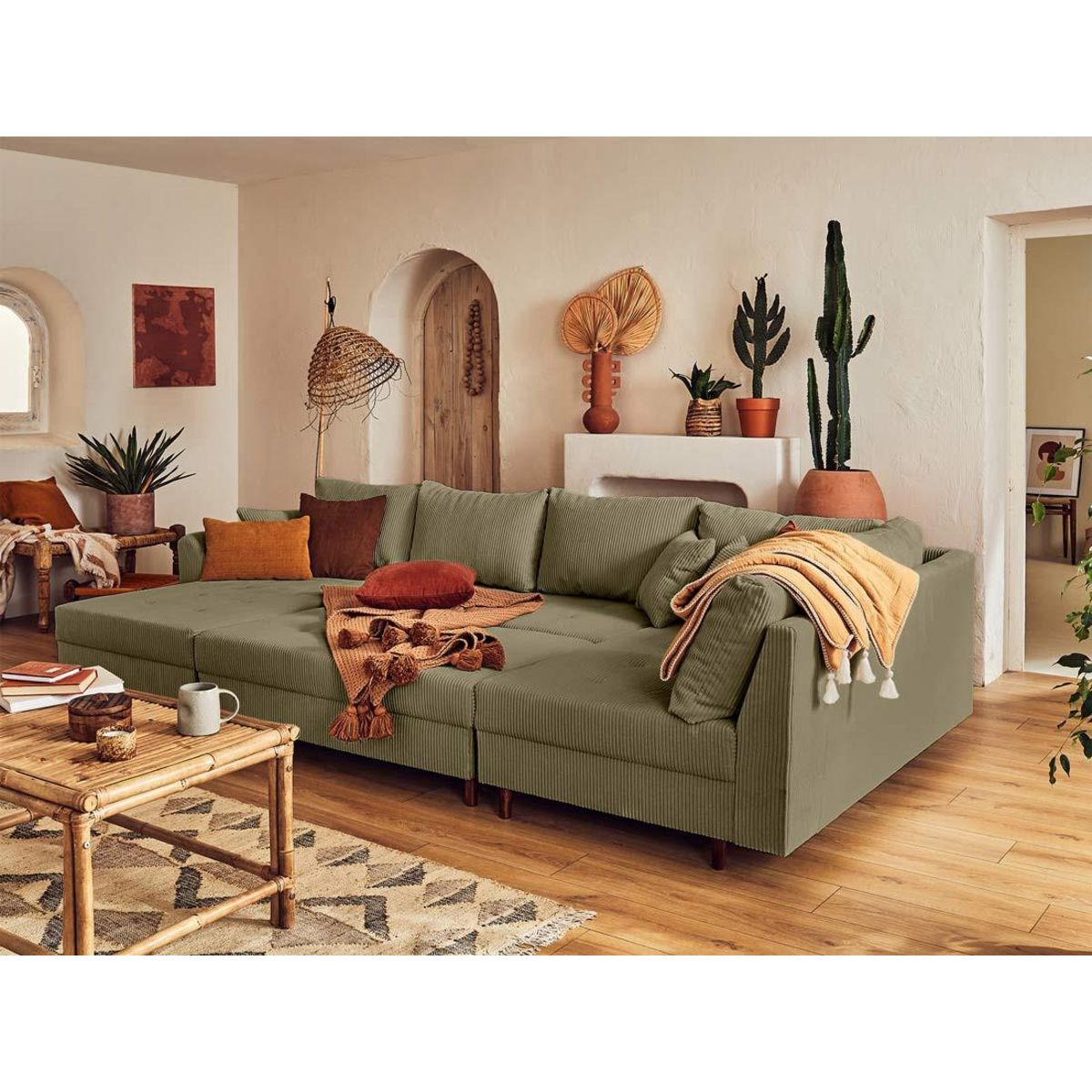 LISA DESIGN Rune - canapé panoramique d'angle droit - 7 places - avec pouf d'appoint - en velours côtelé