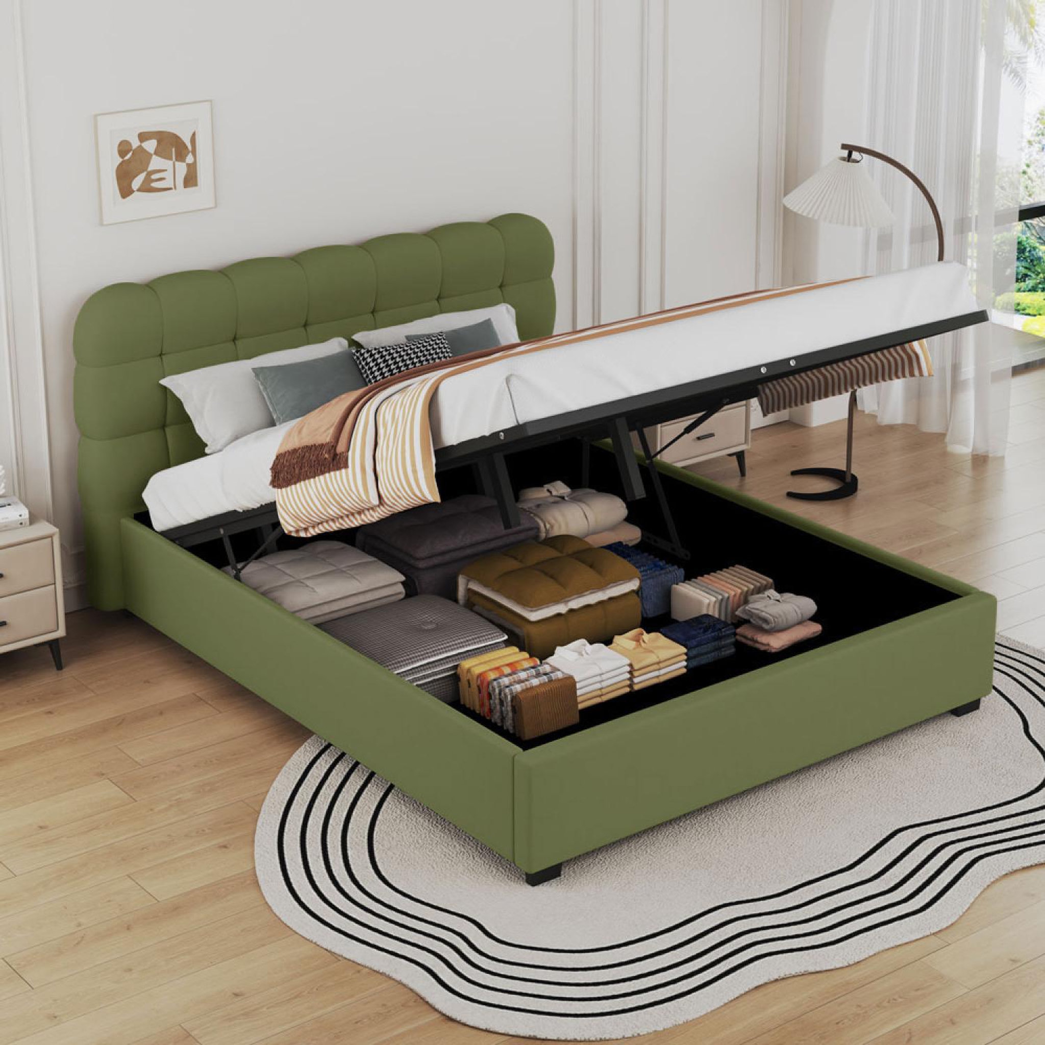 Voir la diapositive 2 : CONCEPT USINE Lit coffre style nuage 160x200cm en velours vert dallas