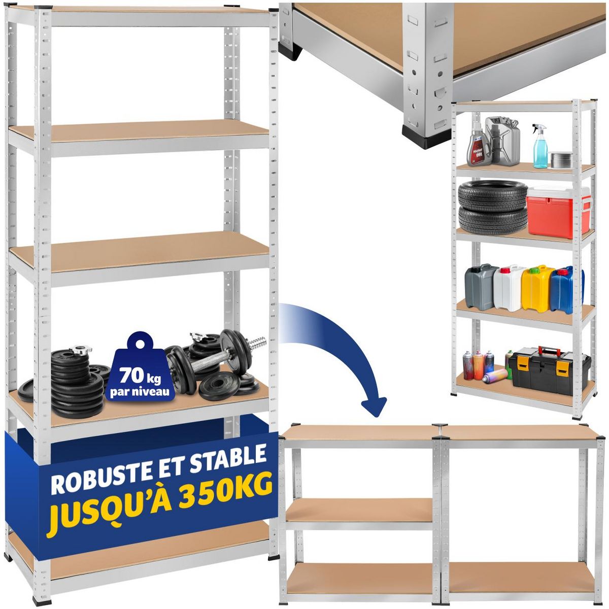 tectake Étagère pour charges lourdes structure en acier galvanisé argent 180 x 75 x 30 cm, 350 kg