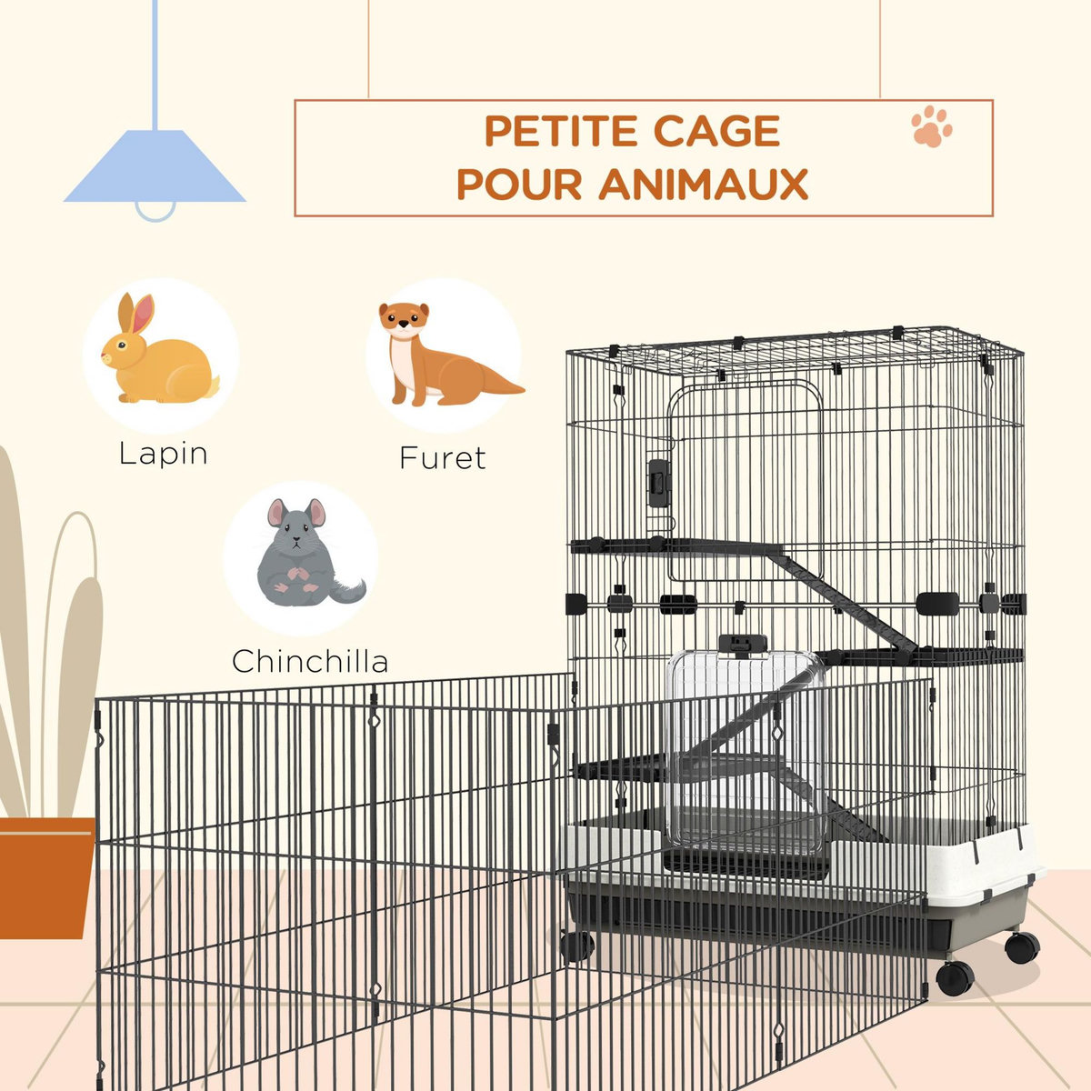 PAWHUT Cage pour petits animaux roulante 3 plates-formes démontables 3 rampes plateau inférieur amovible métal PP 182 x 81 x 114 cm noir