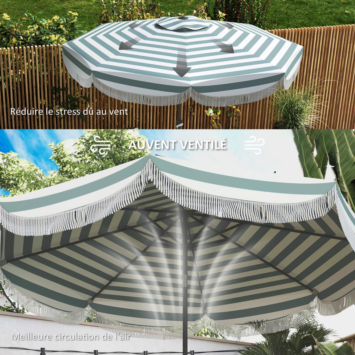 OUTSUNNY Parasol de jardin à franges inclinable dia.2,7 x 2,4m métal tissu UPF 30+ bleu blanc rayé