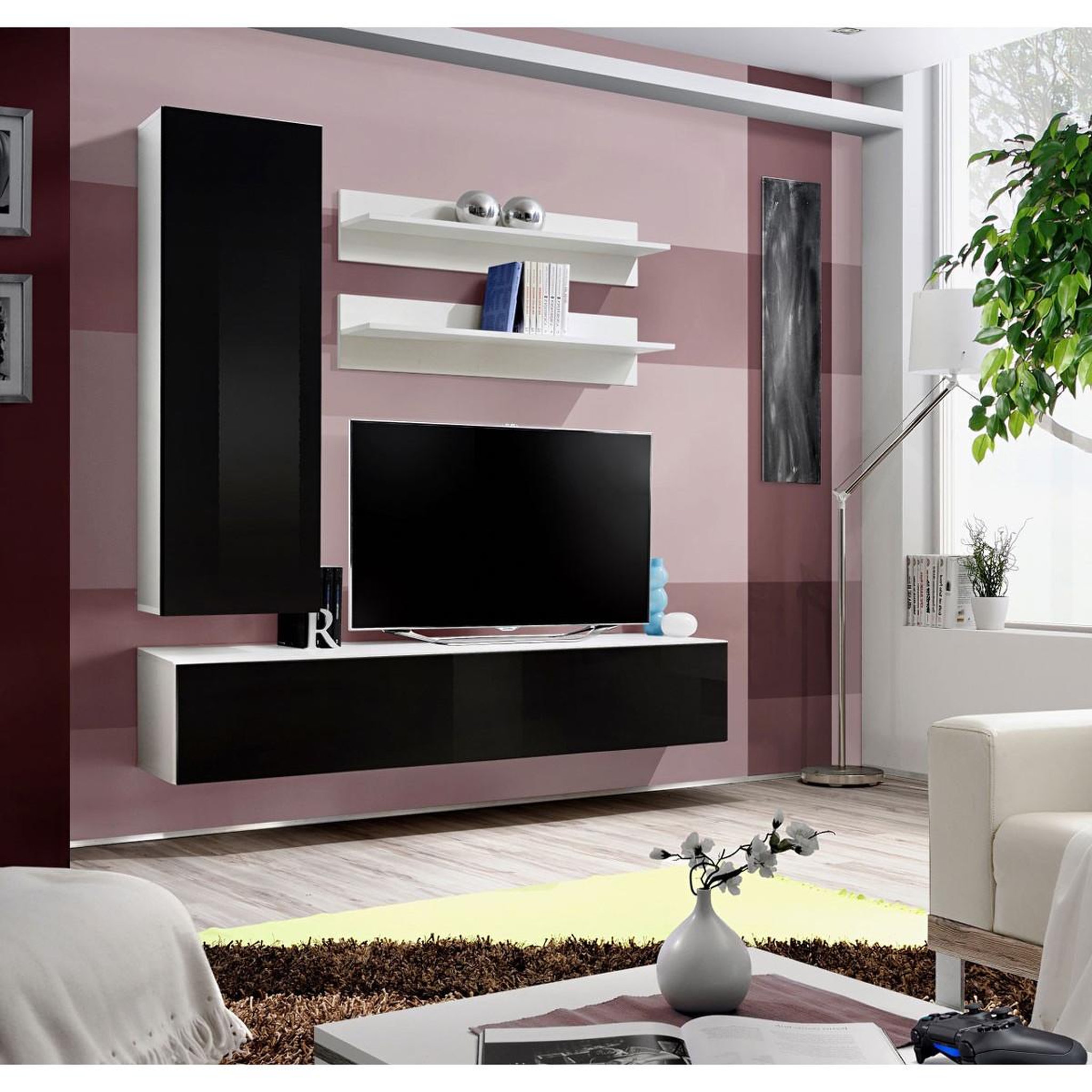 Voir la diapositive 4 : Paris Prix Ensemble Meuble TV Mural  Fly H1  170cm Noir & Blanc