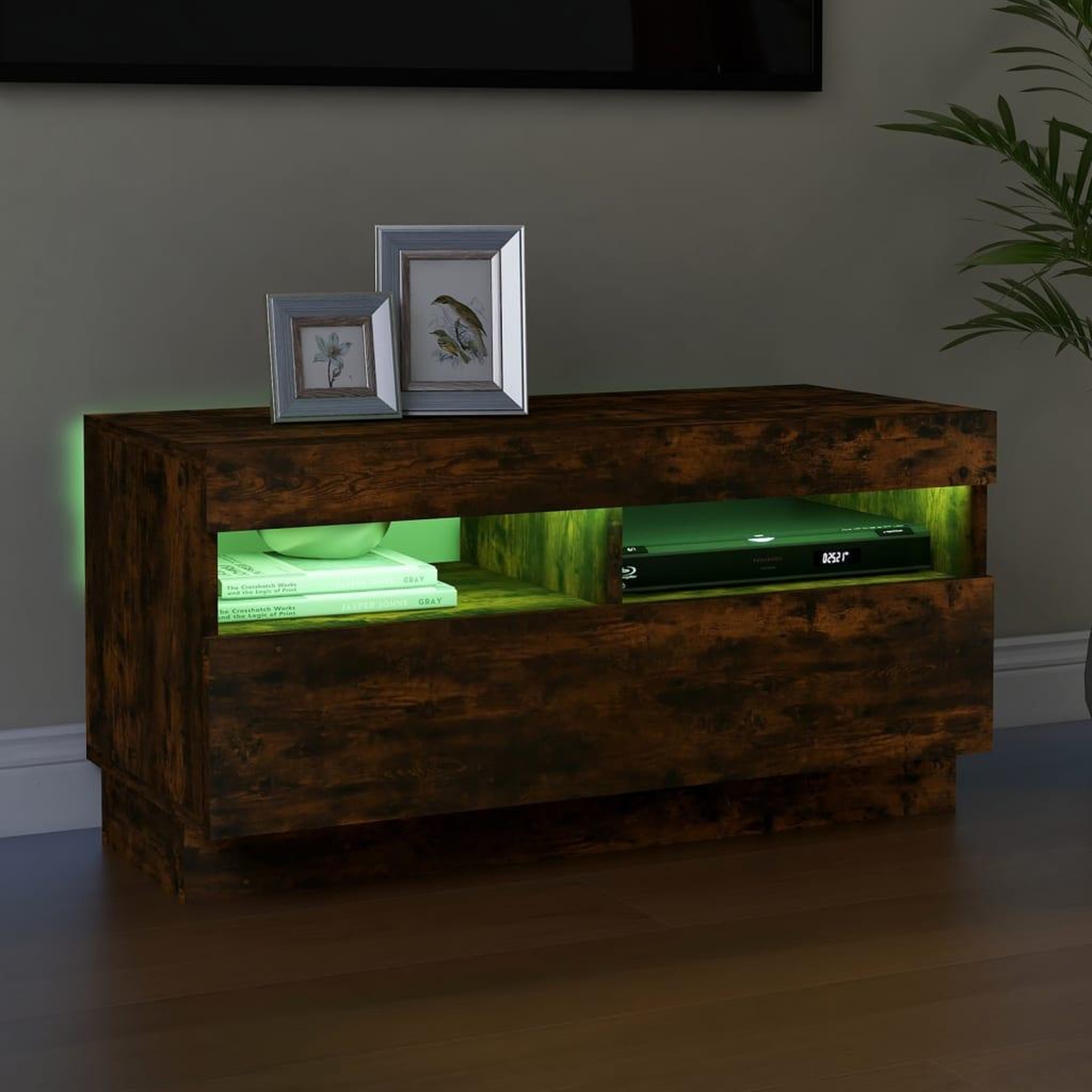 Voir la diapositive 4 : VIDAXL Meuble TV avec lumieres LED chene fume 80x35x40 cm