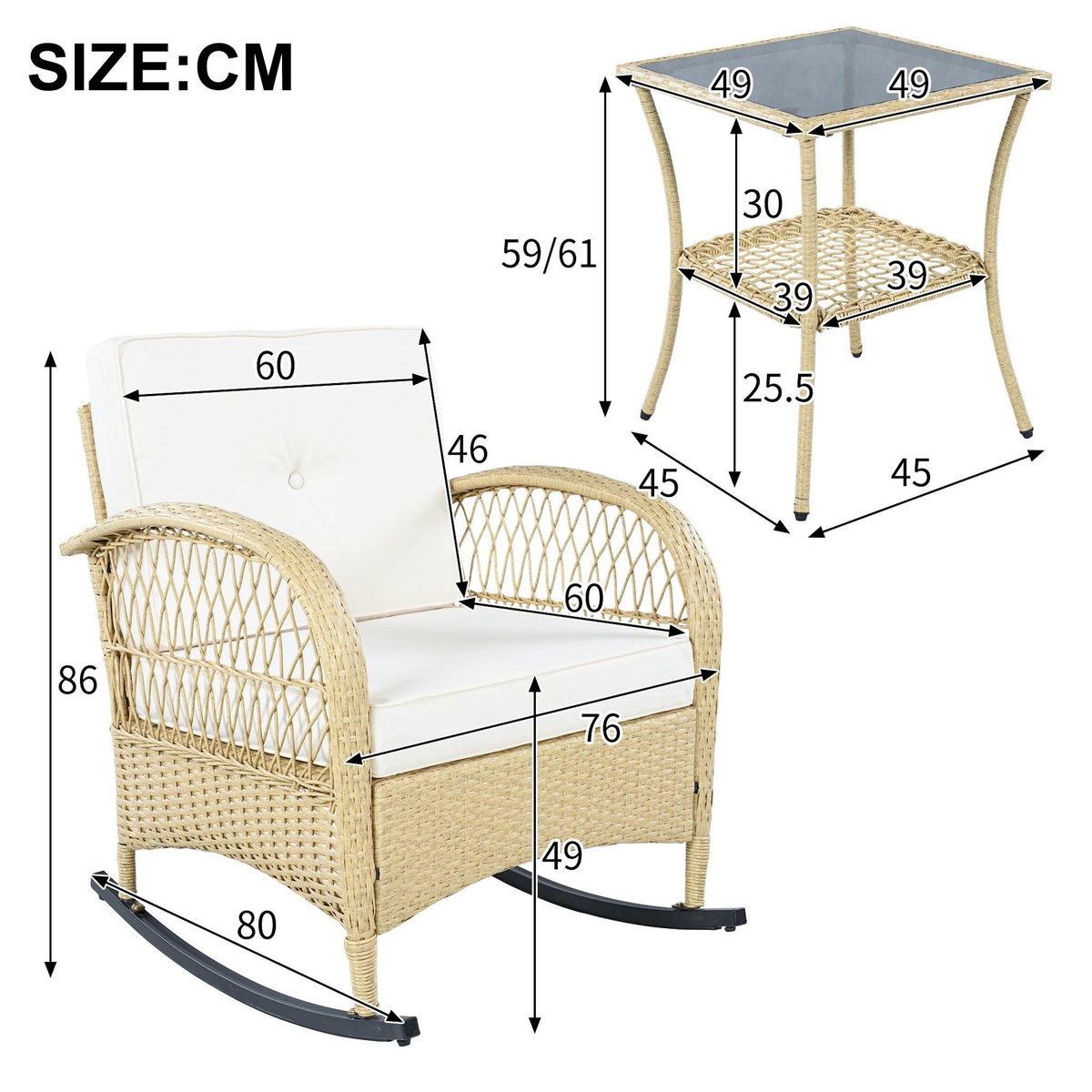 MERAX Salon de jardin 2 places avec 2 fauteuils bascule et table verre trempé