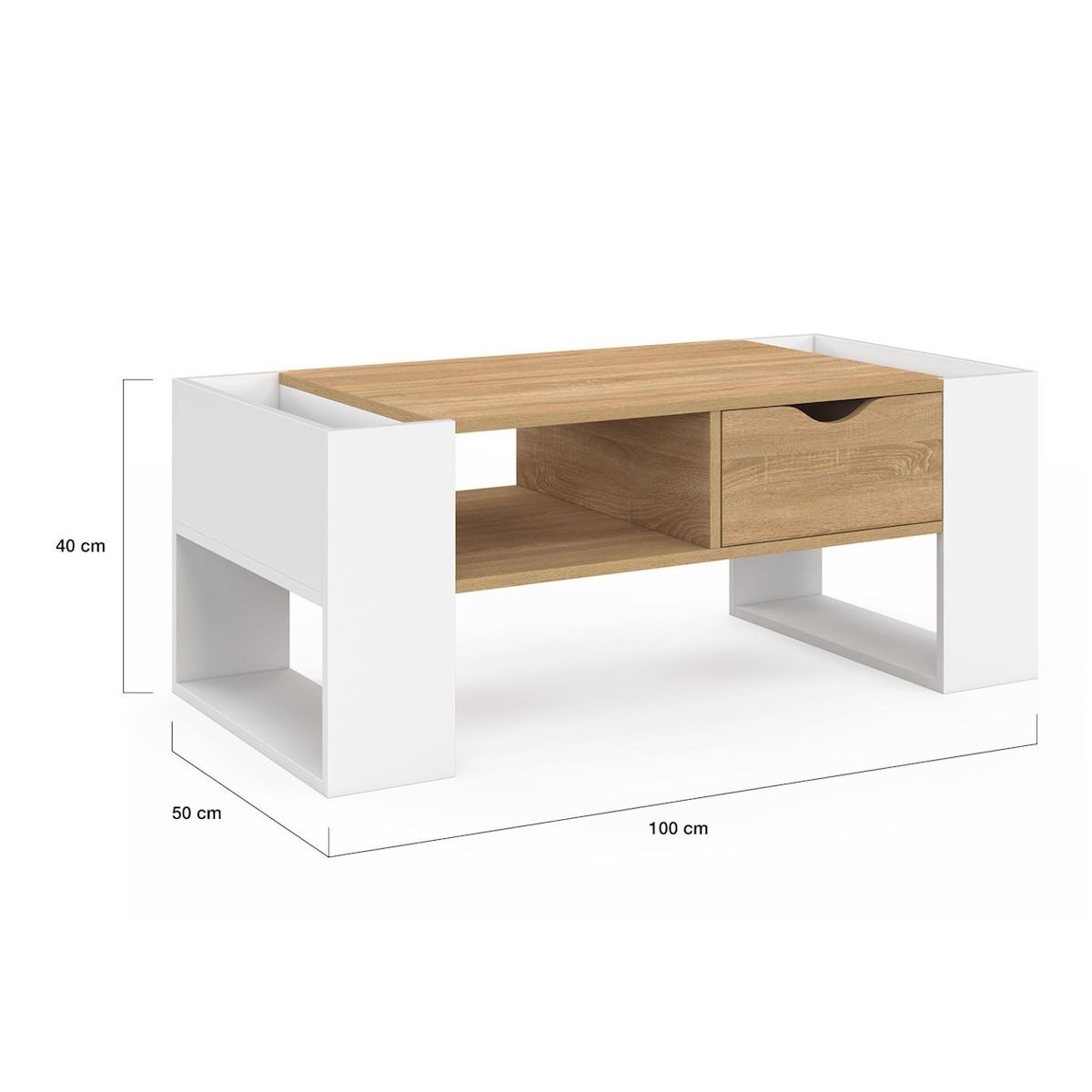 ID MARKET Table basse rectangulaire BERYL avec tiroir bois blanc et façon hêtre