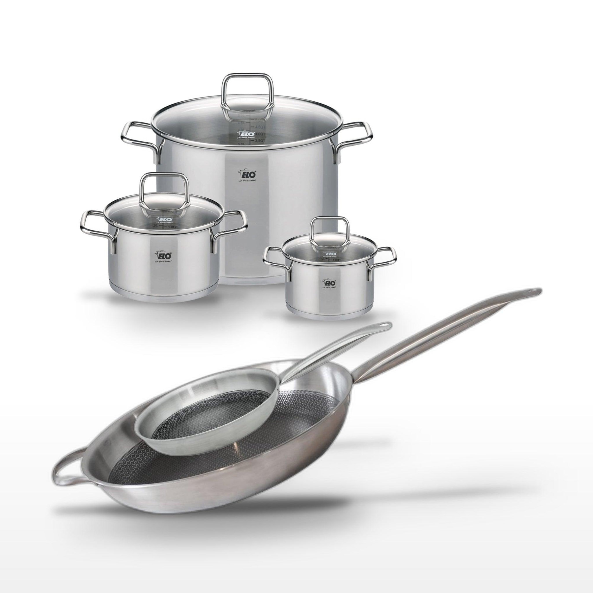 ELO Batterie de cuisine avec 1 faitout 16 cm 2 faitouts 20/26 cm et 2 poêles 24/32 cm en inox sans pfas elo collection relief solution citrin