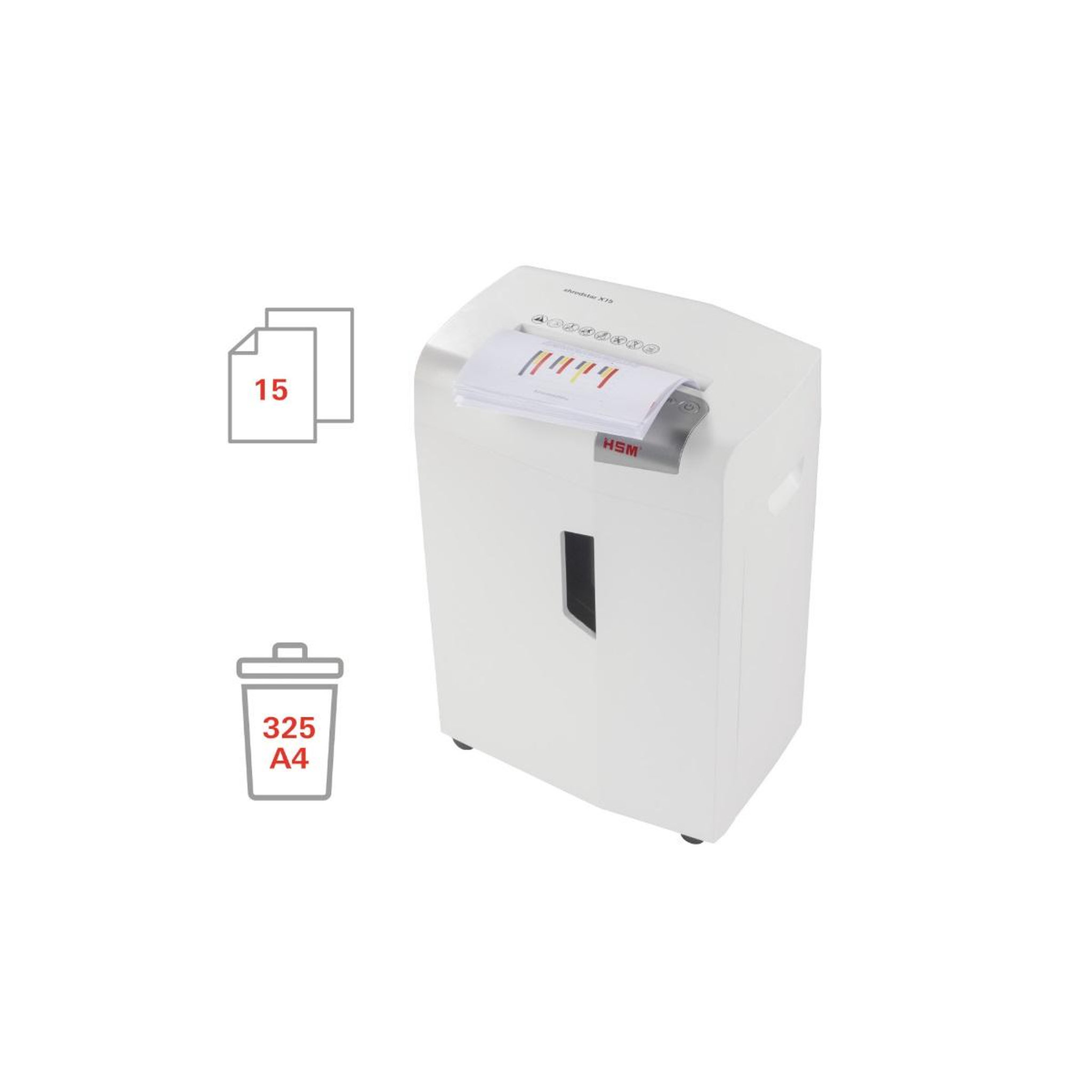 Voir la diapositive 3 : Hsm Destructeur de documents 15 feuilles coupes particules 4x37mm - 1030121