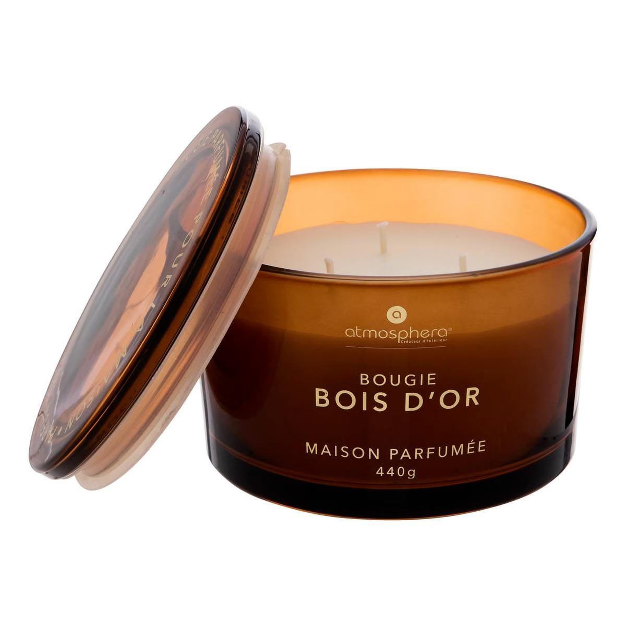 Voir la diapositive 2 : ATMOSPHERA Bougie parfumée en verre  glowy  440g bois d'or