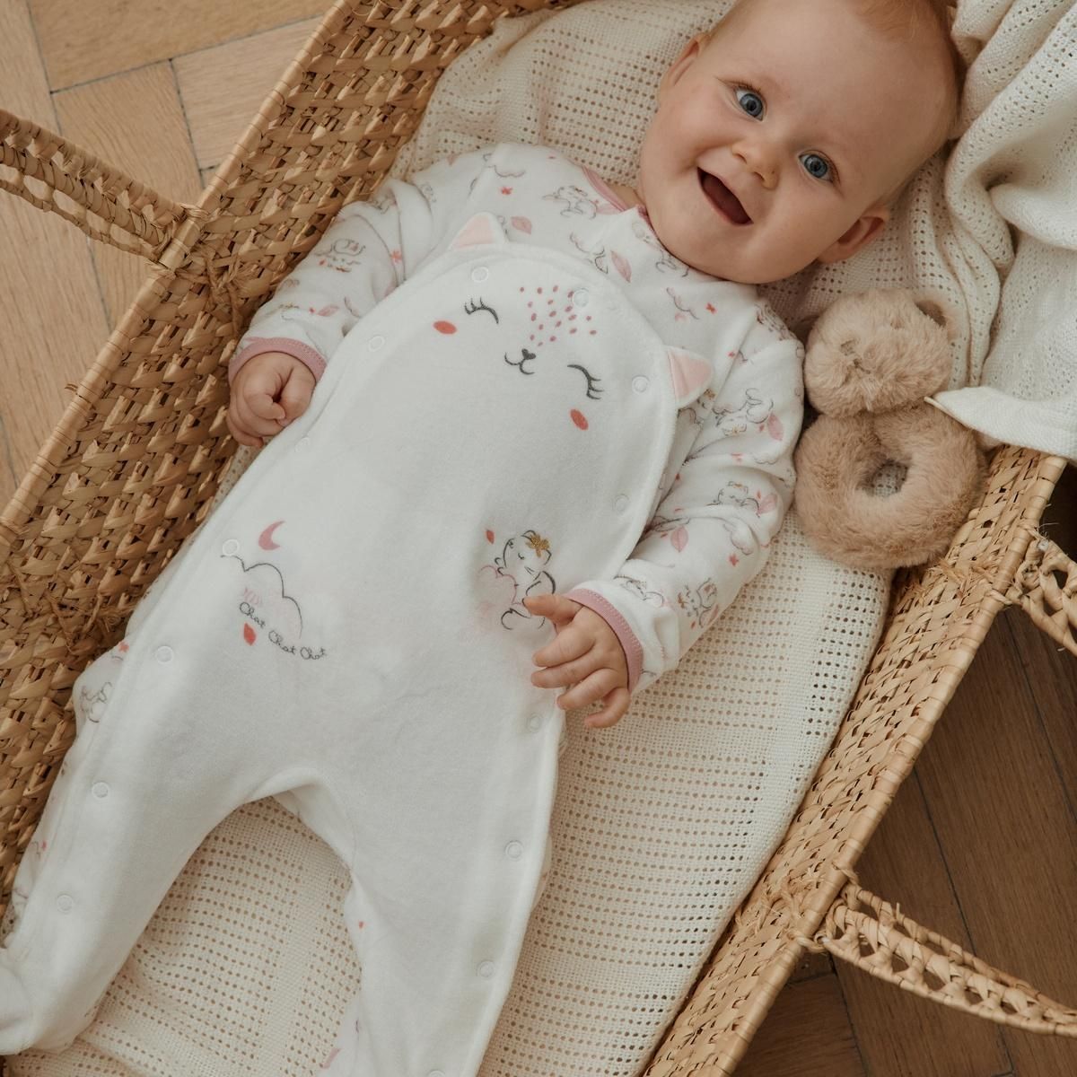 Petit Béguin Pyjama bébé en velours ouverture pont Miss Chatchatchat