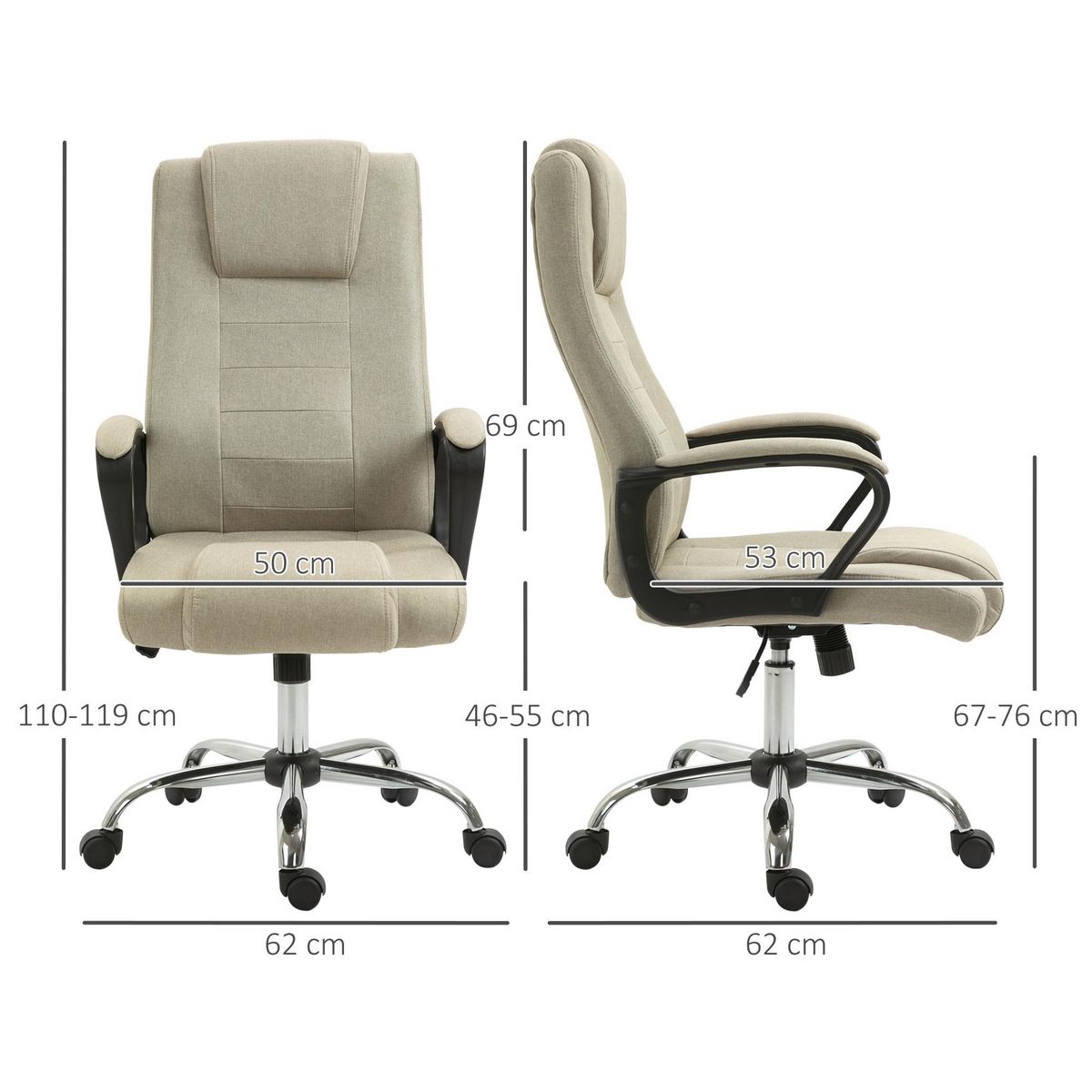 HOMCOM Fauteuil de bureau à roulettes chaise manager ergonomique pivotante hauteur réglable lin beige