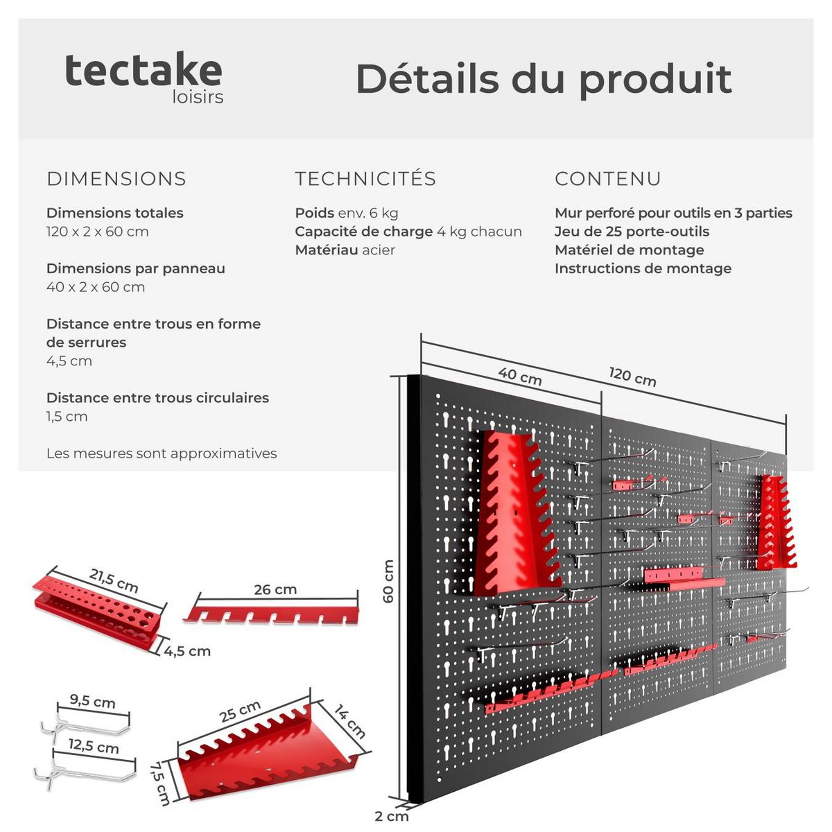 tectake Panneau perforé Structure en acier noir/rouge Ensemble de 3 pièces
